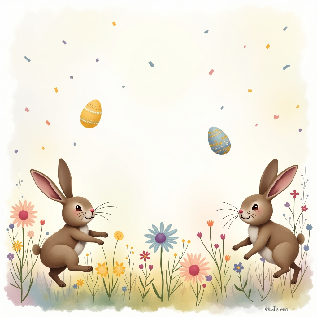 **Prompt:**

An abstract, whimsical Easter scene in a pastel dreamscape, featuring playful, chubby rabbits with oversized ears hopping joyfully through a swirl of soft watercolor meadows. Delicate abstract wildflowers bloom in floating clusters around them, painted with splashes of lavender, buttercup yellow, and blush pink. Decorated Easter eggs with intricate, doodle-like patterns and sparkly accents tumble gently through the air like confetti. The background shimmers with painterly textures and dreamy gradients—think cotton-candy skies and speckled spring sunshine—infusing the scene with a gentle, magical glow. The entire composition is airy, adorable, and enchantingly abstract, radiating joy and the spirit of Easter renewal.
Generated with these themes: Cute Easter card with rabies flowers and eggs .
Made with ❤️ by AI.