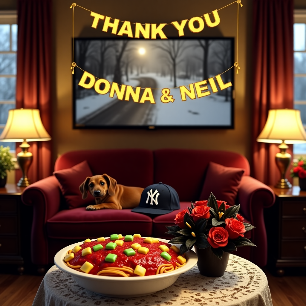 In a lavish and cozy indoor living room, an elegant couch sits as the centerpiece. The couch is upholstered in deep burgundy velvet, flanked by side tables adorned with small Tiffany-style lamps casting a warm glow. Sprawled comfortably across the couch is a charming brown Dachshund, its eyes twinkling with mischief. Resting on the Dachshund's head is a miniature New York Yankees cap, slightly askew, adding a touch of whimsy to the scene. 

To the side of the couch, there's a round coffee table draped with an intricate lace tablecloth. On it, a large bowl brimming with glossy red sauce pasta is the focal point, surprisingly topped with brightly colored square gummies, which glisten like jewels amidst the savory dish. Next to the pasta sits a black and red wedding bouquet, the bold black lilies juxtaposed against the delicate crimson roses and orchids, creating a striking contrast.

Above this delightful tableau, a Hallmark movie plays on a sleek, modern flat-screen TV mounted on the wall, showing a cozy, winter scene that mirrors the elegance and warmth of the living room. 

Most importantly, suspended above the couch, a whimsical banner fashioned from vintage-style marquee letters spells out "Thank You Donna & Neil" in bold gold lettering. The banner arches gracefully across the scene, adding a personal and heartfelt touch to this quirky, yet elegant, expression of gratitude.
Generated with these themes: Brown Dachshund, New York Yankees, Large bowl of pasta with red sauce topped with square gummies, Mainly Black with some Red Wedding Bouquet with lilies & other elegant flowers, Hallmark Movies, and Indoor elegant living room couch.
Made with ❤️ by AI.