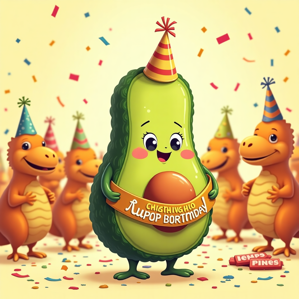 **Image Prompt:**  
At the top of the illustration image: **"It’s Avo-cado Your Birthday, Avra!"**

Create a colorful and funny illustration of a super cute, smiling avocado character standing proudly in the center wearing a shiny birthday sash that reads “Happy Birthday.” The avocado has cartoonishly big eyes, rosy cheeks, and maybe even tiny party sunglasses. All around in the background, a herd of dinosaur-shaped chicken nuggets is mid-party — some wearing party hats, some tossing confetti, one maybe attempting to juggle ketchup packets. The whole scene is bright, silly, and celebratory with a hint of delicious chaos.
Generated with these themes: Avacado cute face with a sash that says happy birthday and dinosaur chicken nuggets in the background.
Made with ❤️ by AI.