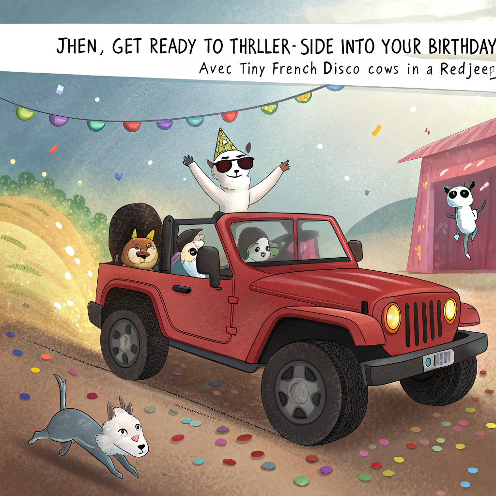 At the top of the image, "Jhen, get ready to Thriller-slide into your birthday—avec tiny French disco cows in a red Jeep!"

- Illustrate a whimsical cartoon scene: a shiny red Jeep doing a dramatic skid stop on a confetti-strewn dance floor.
- The Jeep is driven by a miniature French mime wearing aviators and moonwalking one hand on the wheel.
- The backseat is packed with other tiny party-goers—think baguette-wielding snails and disco-loving pigeons—doing signature Michael Jackson dance moves.
- Add a birthday banner on the front of the Jeep reading "Bonne Fête!"
- Optional visual gags: A glitterball cheese wheel hanging from the Jeep mirror and one mini cow in sequined gloves doing the iconic MJ toe-stand on the hood.
Generated with these themes: Red jeep, Minitaures, French, Dance, and Michael jackson.
Made with ❤️ by AI.