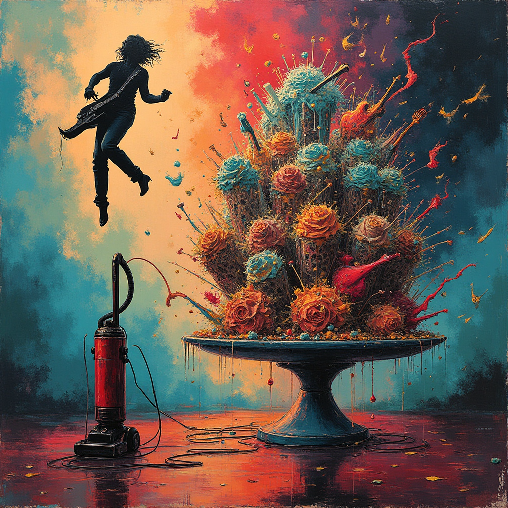 At the top of the Abstract Style image, the text reads: **Happy Birthday Poppy**

---

Imagine a swirling, chaotic symphony of colors and shapes that echoes the audacious spirit of rock music and the enigmatic allure of Twin Peaks. In the foreground, a bold, angular Madonna silhouette emerges, surrounded by abstract, zigzagging guitars and rhythmic waves of music notes that seem to pulse with energy.

Nearby, a fantastical, oversized cake floats mid-air, with frosting patterns spiraling outwards like musical riffs. The cake’s layers are a cacophony of vibrant hues and daring textures, reminiscent of 80s rock album covers. At the cake's base, a vacuum cleaner stands defiantly, cord twining like a snake, adding a cheeky nod to the relentless rhythm of housework.

In the background, geometric shapes clash and blend, creating a dramatic backdrop that mirrors the surreal mystery of Twin Peaks. Splashes of deep blues and fiery reds intermingle, while jagged, lightning bolt-like shapes crack through the composition, creating an electrifying, rude ambiance.

A small, cheeky caption at the bottom reads: "Rock & Roll All Night... and Maybe Clean Up Tomorrow!"
Generated with these themes: Madonna , Twin Peaks , Cake, Rock music , Housework , and .
Made with ❤️ by AI.