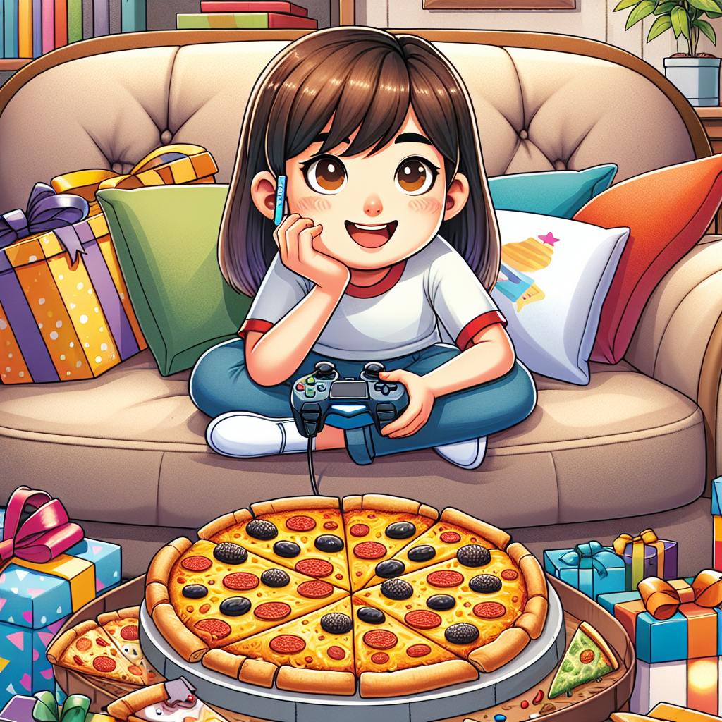 Illustrate a vivid cartoon of a 13th birthday celebration taking place in a snug living room. An adorable Asian teenage girl is comfortably settled on a luxurious couch, her one hand holding a game controller and her eyes glued to the screen of her phone, deeply absorbed in a mobile game. Lying scattered on the coffee table before her are slices of mouthwatering cheesy pizza laid on colorful disposable plates. Close to the pizza, there is a heap of presents wrapped in playful, cartoon-like gift paper, contributing to the joyous environment.
Generated with these themes: 13, Teenage, On the sofa, Phone games, and Pizza.
Made with ❤️ by AI.