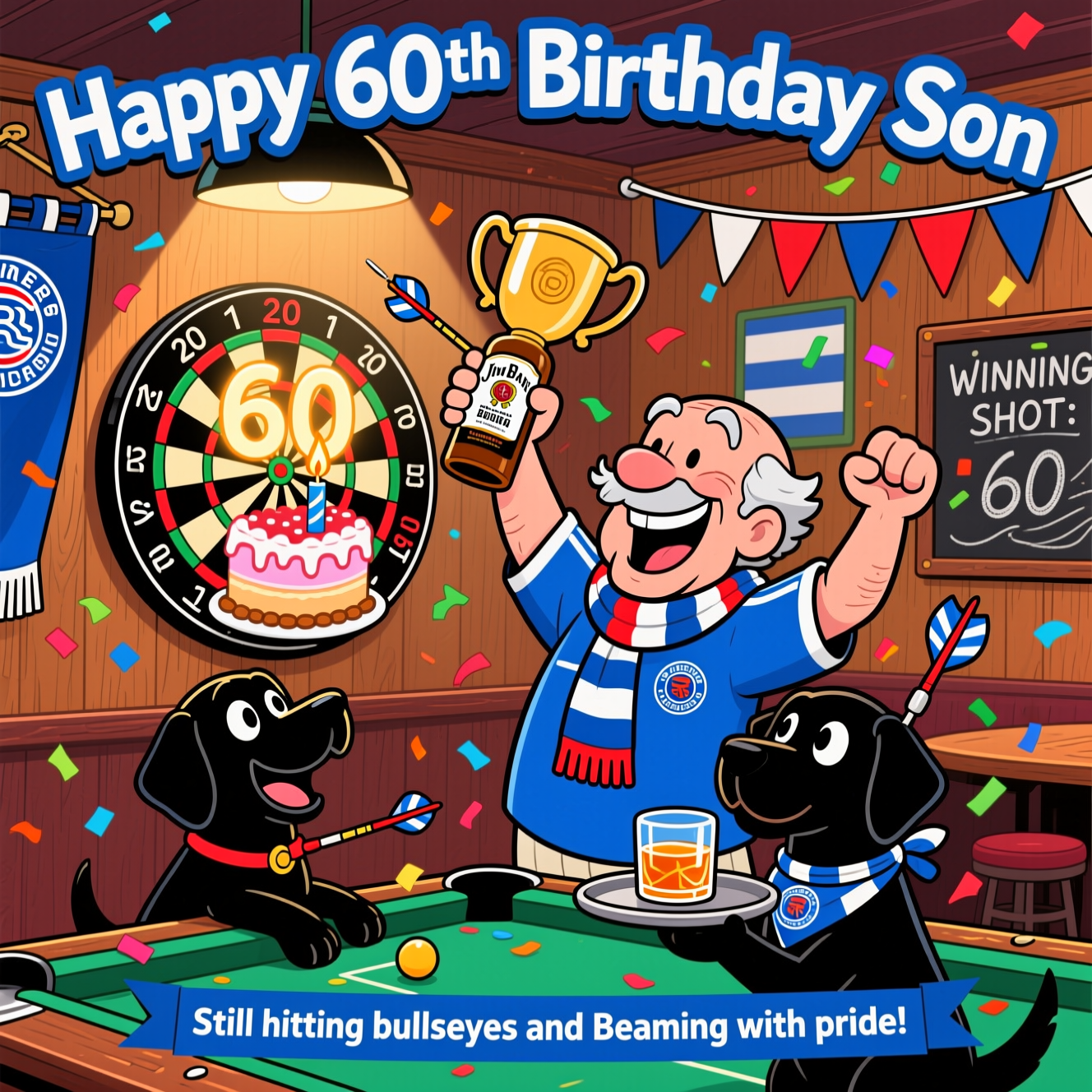 Jim Beam ... his black labrador mika ...darts..rangers football club, and Birthday Card