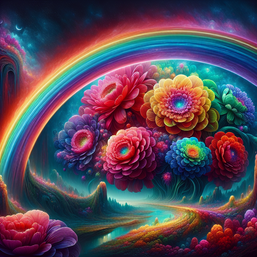 Create a surreal illustration for Mother's Day featuring an otherworldly, massive bouquet of vivid, glowing flowers nestled in the bend of a gently arching rainbow. Each flower seems to radiate with an inner light, displaying intricate detail on each petal with colors shifting from deep, passionate reds to soft, consoling purples. The rainbow, serving as a conduit between the tangible world and the dreamlike dimension, arches protectively above a tranquil landscape that embodies the nurturing spirit of motherhood.
Generated with these themes: Flowers, and Rainbows.
Made with ❤️ by AI.