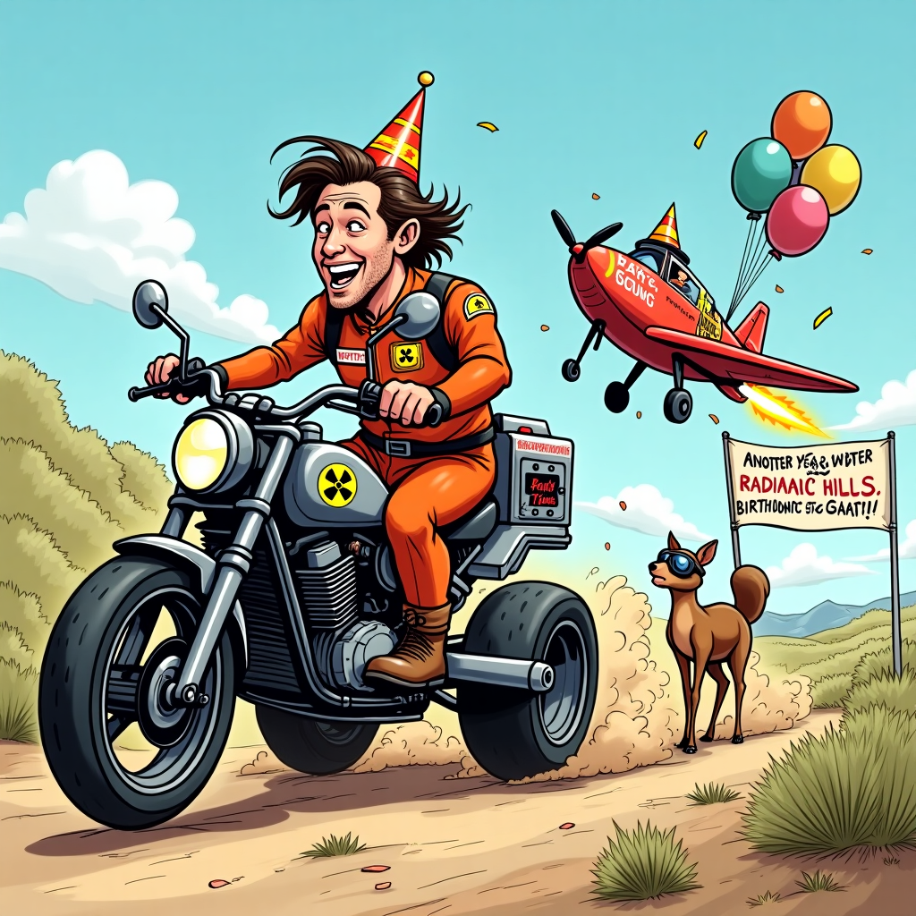 **Prompt:**  
At the top of the cartoon image: *"Happy Birthday, Jay! Time to throttle back on the nukes and rev up the party!"*

Create a funny, vibrant cartoon illustration featuring Jay from Reno, Nevada in an over-the-top action-packed scene. Jay is wearing a superhero-style flight suit decorated with nuclear inspection symbols and a badge that reads “Ultrasonic Avenger.” He’s riding a souped-up motorcycle that’s blasting off like a rocket, while pulling a tiny handmade aircraft on a trailer behind him. The aircraft has “Party Glider 9000” written on the side and balloons tied to the wings. The background is the stunning Black Hills landscape, but instead of a normal forest trail, Jay is blazing through on a ridiculous off-road "side-by-side" ATV—except this one has twin ultrasonic probes mounted on the front and a nuclear reactor on the back leaking birthday confetti.

Jay is laughing wildly, his hair blowing in the wind, a birthday cake helmet on his head. There’s a birthday banner caught in the trail of dust that reads “Another year older… still racing, inspecting, and launching into mayhem!” The entire scene is zany, exaggerated, and packed with small sight gags (like a squirrel holding a “Radiation Zone” sign, or a deer wearing aviator goggles).
Generated with these themes: Jay from reno nevada, hobbies building small aircraft, motorcycle racing, Nuclear Inspector, Ultrasonic Inspections, and Blck hills side by side.
Made with ❤️ by AI.