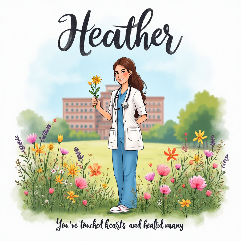 At the top of the Illustration Style image, write "Heather" in elegant, flowing script.

Create a hand-drawn illustration featuring a nurse practitioner standing in a hospital garden, surrounded by blooming flowers. The nurse, a kind-hearted figure, is in her uniform with a warm smile, gently holding a small bouquet of wildflowers. Her stethoscope hangs loosely around her neck, symbolizing her dedication and care. The garden is vibrant with various hues of greens and pastels, creating a serene and hopeful atmosphere. In the background, a soft watercolor wash of the hospital building can be seen, blending into the blue sky. 

At the bottom, include the text: "You've touched hearts and healed many."
Generated with these themes: Nurse practitioner, and .
Made with ❤️ by AI.