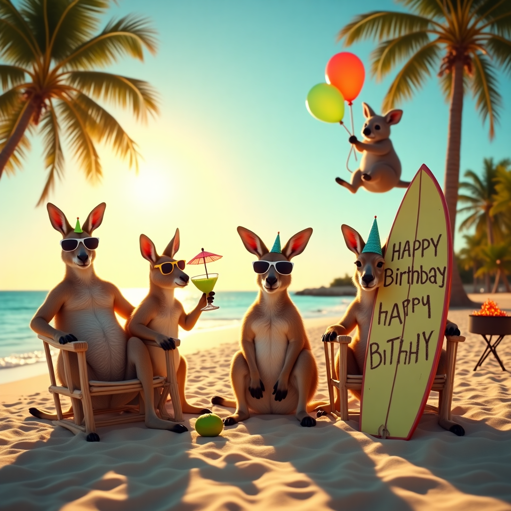 **Prompt for the image:**

At the top of the realistic photograph image, "Mandy Down Under? More Like Sip-Back and Margarita!"

A sun-drenched Australian beach at golden hour, featuring a group of kangaroos lounging in beach chairs wearing oversized sunglasses and party hats. One kangaroo holds a comically large margarita glass with a lime wedge and tiny paper umbrella, sipping through a crazy straw. Nearby, a surfboard is stuck upright in the sand with "Happy Birthday!" etched into it with seashells. In the background, a BBQ sizzles, and a koala is photobombing from a eucalyptus tree holding a birthday balloon. The overall feel is vibrant, tropical, cheeky, and utterly festive.
Generated with these themes: Australia, and Margaritas .
Made with ❤️ by AI.