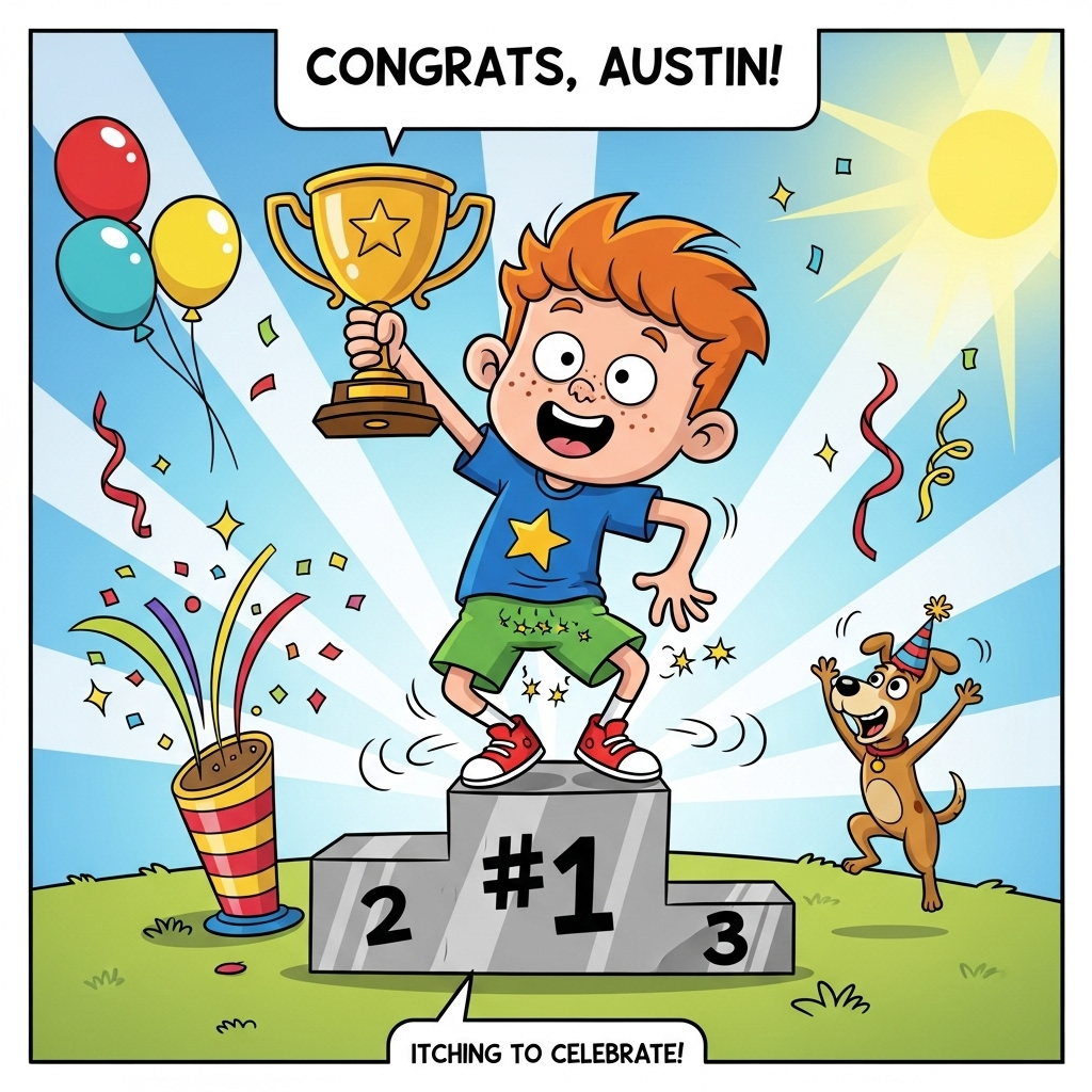 At the top of the Cartoon Style image, "Congrats, Austin!"

Big, playful cartoon scene in bright, saturated colors with thick outlines and energetic, whimsical motion. Center stage: a ginger-haired boy with freckles, oversized head and expressive eyes, in a bold blue T-shirt with a gold star, red sneakers, and green shorts—fully clothed and wholesome. He’s on a shiny #1 podium, doing an exaggerated celebratory wiggle dance while holding a gleaming trophy high. Comedic motion swooshes and tiny starbursts/zigzag “itch lines” near his back pocket suggest an itchy bum in a silly, non-suggestive way; one hand awkwardly hovering behind as he fidgets. Confetti cannons pop, balloons float, streamers curl, and a little party-hat-wearing dog jumps beside him cheering. Sunny burst background with candy-color gradients and sparkles. Keep the vibe slapstick-funny and triumphant.

At the bottom of the Cartoon Style image, small playful caption: "Itching to celebrate!"
Generated with these themes: Ginger boy with an itchy bum, and .
Made with ❤️ by AI.