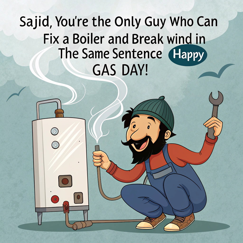 Gas boiler, Plumber, Light blue van, Overalls, Tools, Beard, Asian, and Birthday Card