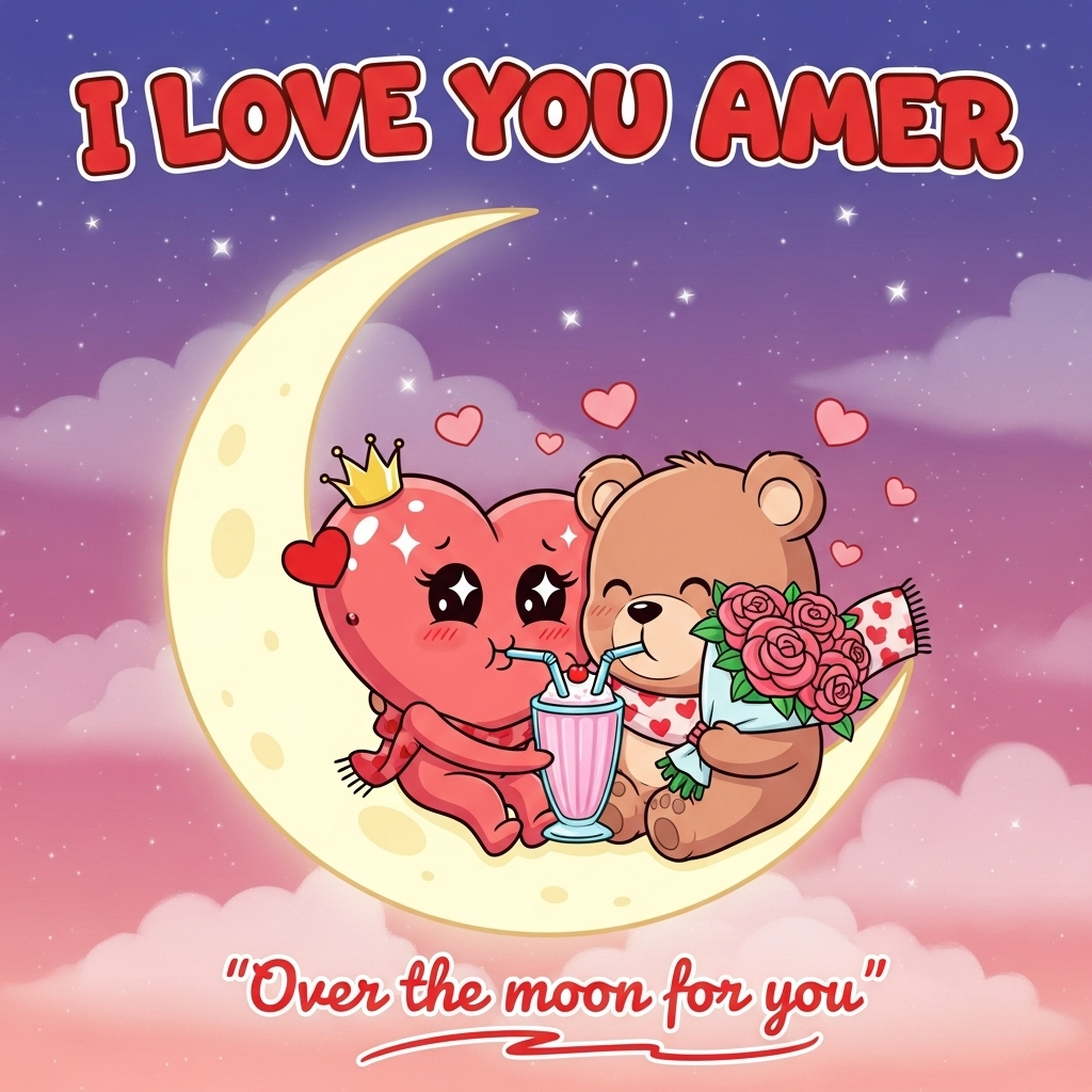 At the top of the Cartoon Style image, write in bold, playful bubble letters: **I love you Amer**.  

A bright, whimsical cartoon scene of two adorable characters — one shaped like a heart with big sparkling eyes, the other a cute, chubby bear holding a bouquet of oversized roses — sitting together on a crescent moon. The moon glows softly against a dreamy, star-filled pink-to-purple gradient sky, with tiny floating hearts drifting around them. They’re sharing a giant milkshake with two straws, leaning close with bashful, happy smiles. The bear’s scarf is patterned with tiny hearts, and the heart-shaped character has a small crown tilted on its head. At the bottom, in smaller handwritten-style text, add: **"Over the moon for you"** in playful red lettering with a little swirl underline.
Generated with these themes: Romance, and .
Made with ❤️ by AI.