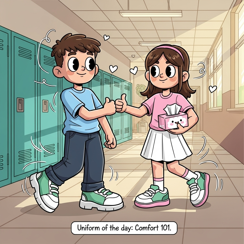 Playful cartoon with exaggerated proportions, thick black outlines, and bright saturated colors. Scene: a friendly school hallway with teal lockers and warm sunlight. Centered like a uniform sample, two cheerful kids in cool, comfortable school uniforms strike whimsical, energetic poses. The boy wears a sky-blue t-shirt, relaxed dark jeans/trousers, and chunky white trainers; oversized shoes, big expressive eyes, gentle smile, offering a supportive fist-bump. The girl wears a soft pink t-shirt, a knee-length skirt, and sporty white trainers; she holds a tissue box shaped like a smiling cloud and gives a reassuring thumbs-up. Fabrics look breezy with soft folds and playful motion lines to emphasize comfort; subtle doodle swirls and tiny hearts float around them for a light, sympathetic, funny vibe. Color palette: blues/greens/whites for the boy, pinks/whites for the girl. Clean vector feel, cel-shaded shading, crisp high-contrast lighting. Small hand-lettered caption at the bottom center (one line): “Uniform of the day: Comfort 101.”
Generated with these themes: This is school uniform sample. The boy wears jeans or trousers and t-shirt. The girls wears skirt and t-shirt. The colors are blue or green or white for boy and pink or white for girl. The shoes are trainers. The uniforms are cool and comfortable, and .
Made with ❤️ by AI.