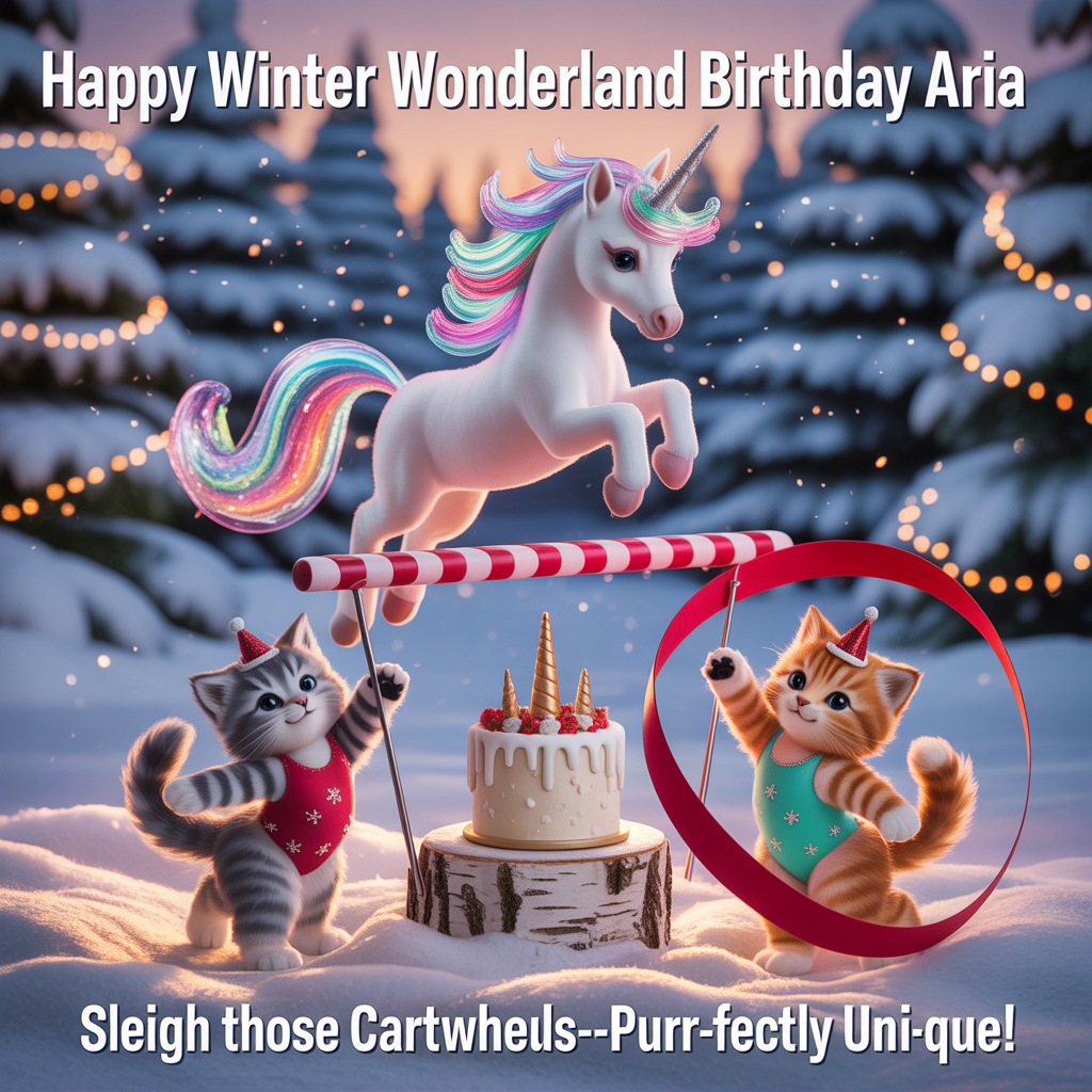At the top of the Photorealistic picture taken from a camera image, "Happy Winter Wonderland Birthday Aria"

At the bottom of the image, "Sleigh those cartwheels—purr-fectly uni-que!"

Ultra-high-definition 4K photorealistic winter wonderland at golden-hour dusk: softly falling snow, snow-dusted evergreens strung with warm fairy lights creating creamy bokeh. Center stage, a pearly white unicorn with an iridescent rainbow mane and a silver horn performs a perfect gymnast’s split leap over a candy-cane–striped balance beam set across a sparkling snowbank. Beside the beam, two fluffy kittens in festive mini leotards (red velvet with tiny snowflake sequins; mint-green with silver sparkle) join the routine—one gray tabby holds a graceful arabesque atop the beam, the ginger kitten twirls a scarlet rhythmic ribbon into a looping spiral that frames the unicorn. A small birch stump table displays a snowy white birthday cake crowned with holly and lit snowflake candles; a few plaid-wrapped presents and ornaments nestle in the snow. Subtle pawprints trail across the foreground; the unicorn’s breath is visible in the cold air. Lighting is warm and magical yet realistic—soft rim light from the low sun and golden fairy-light reflections on the snow.

Text styling:
- Top headline in large frosted-snow lettering with a gentle golden glow and faint iridescent edge, centered and crisp against soft sky bokeh.
- Bottom punchline in playful candy-cane red script with tiny star-snowflake accents, high contrast and clean.

Camera and quality notes: Shot on an 85mm prime at f/1.8, ISO 200, 1/500s; shallow depth of field with tack-sharp subjects, lifelike fur textures, crisp snow crystals, natural fabric sheen, realistic cake frosting detail; cinematic composition with negative space at top and bottom for text. No cartoon look, no CGI feel—true-to-life materials and lighting.
Generated with these themes: Unicorns, Gymnastics , Cristmas bithday, Cats, and .
Made with ❤️ by AI.