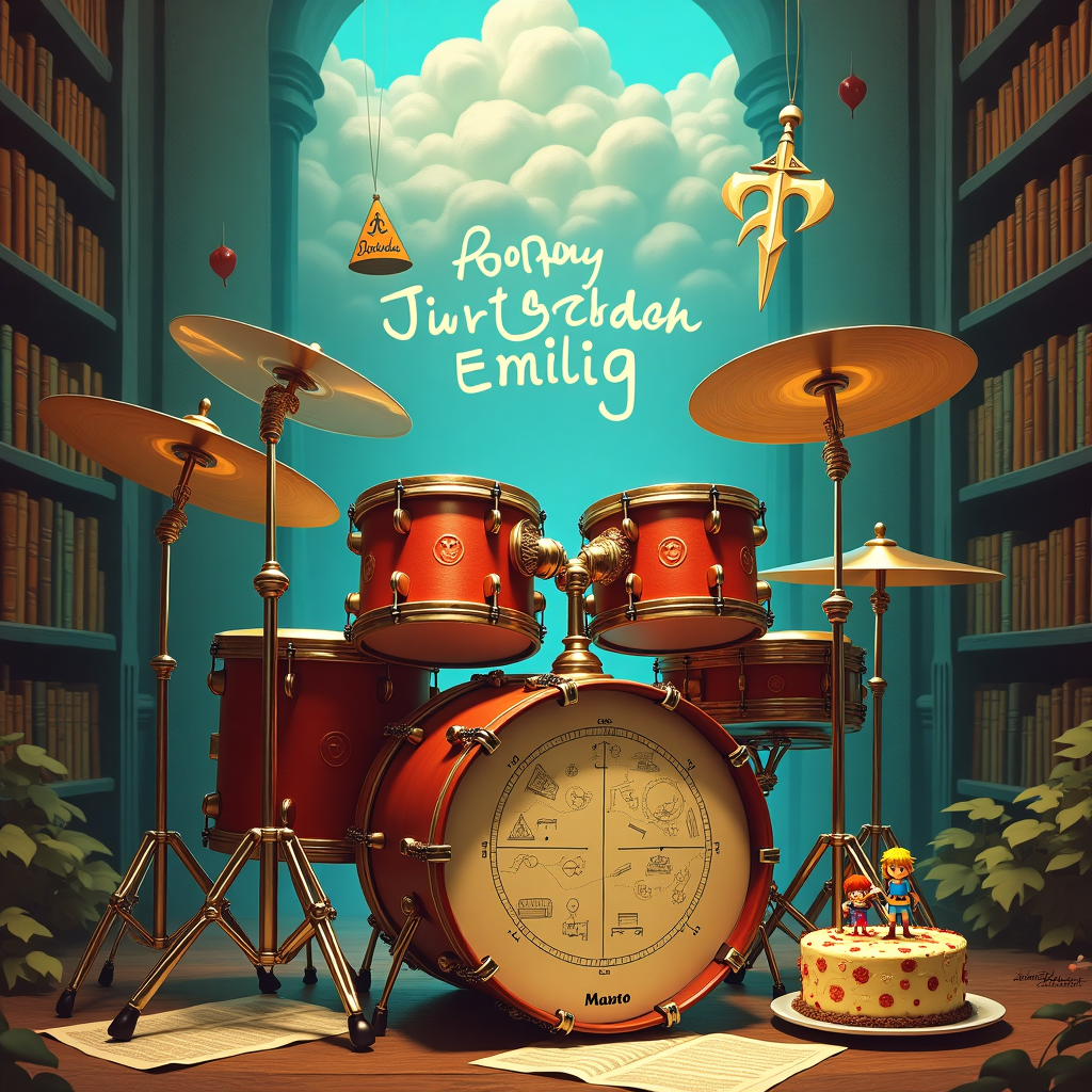 In the vibrant scene set within an enchanted library, a whimsical fusion of music and adventure unfolds. At the center of this imaginative landscape, a fantastical drum kit, crafted entirely from oversized hardcover books, stands proudly. The drum pads are fashioned from leather-bound volumes, their titles glistening in gold, while the cymbals gleam with a mosaic of library cards. Just above the drum kit, suspended by invisible threads, hover several classic Zelda items: a gleaming Hylian Shield and the iconic Master Sword, both shimmering with iridescent hues. On one of the books forming the bass drum, a sheet of music is unfurled, its notes dancing across the page in the shape of the Triforce.

In the backdrop, the walls of the library are lined with towering shelves filled with ancient tomes and legendary quests. Nestled among the spines of these books is a subtle nod to the recipient, with a special edition book titled "Emilia: The Heroine of Hyrule," its cover illustrated with an intricate design featuring a map of a magical realm. Above this captivating scene, a sky of ethereal clouds drifts across the ceiling, and as if painted by the gentle hand of a dreamer, the words "Happy Birthday, Emilia" are scrawled in flowing, musical notes across the heavens, echoing the melody of a grand birthday symphony. At the base of the drum kit, a miniature Zelda-inspired birthday cake rests on a small pedestal, adorned with tiny edible figures of Link and Zelda, ready to join in Emilia's celebration.
Generated with these themes: Drum kit, music, books, pioneer of zelda.
Made with ❤️ by AI.