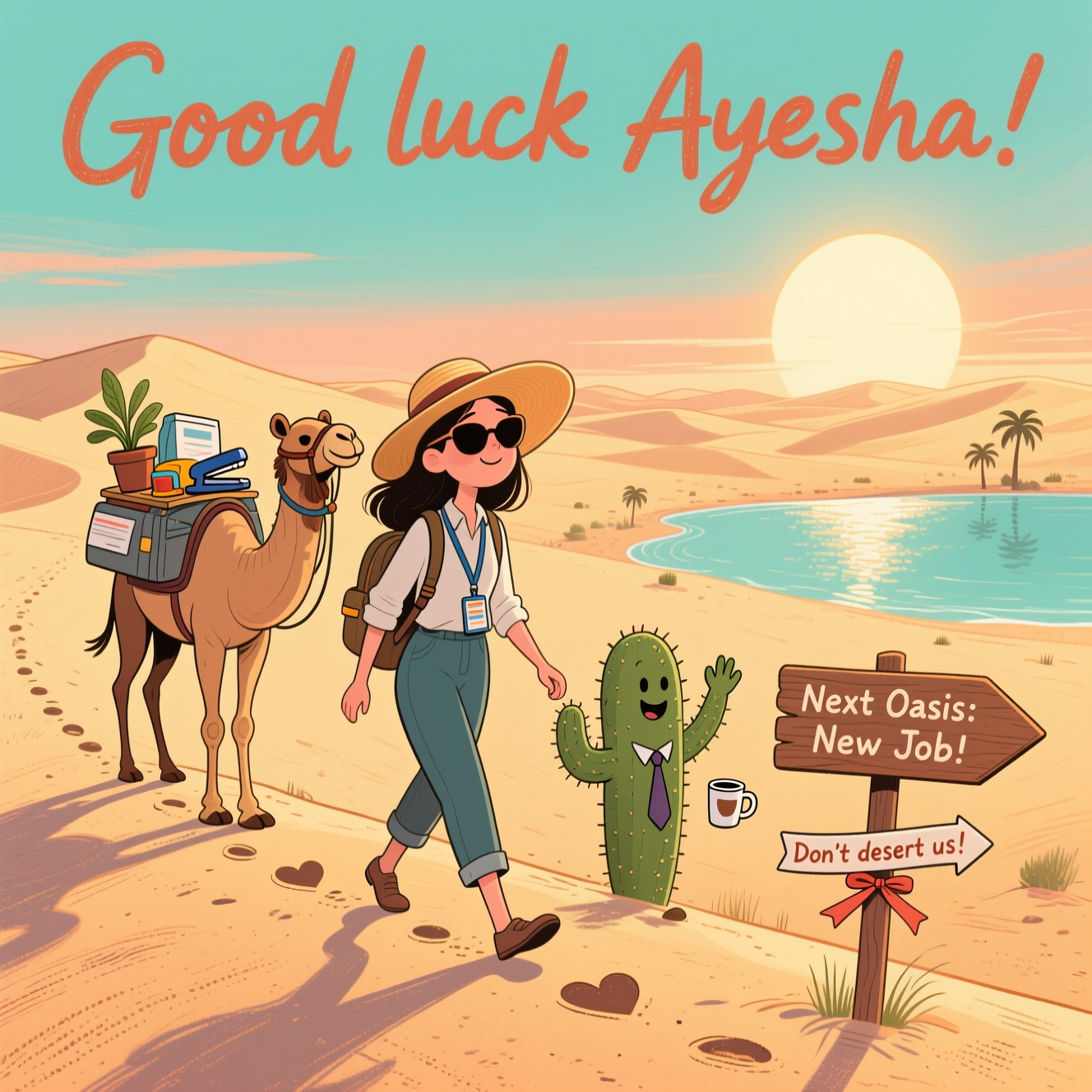 At the top of the Illustration Style image, "Good luck Ayesha"

Hand-drawn illustration with fine linework and textured brush strokes, balanced composition, and a warm, expressive color palette. Scene: a funny, affectionate desert send-off. Rolling golden dunes under a glowing sun; big open teal-to-apricot sky, horizon on the lower third. In the mid-ground, Ayesha strides along a dune ridge wearing an oversized sunhat and sunglasses, a small backpack with a dangling office lanyard; her footprints trail behind and subtly curve into a heart before the wind scatters them. A friendly camel plods after her, comically loaded with office relics (a potted plant, a stapler, a coffee mug dangling by its handle). Two cacti shaped like coworkers wave—one with a tiny tie, one holding a tiny mug. A wooden signpost points toward a shimmering oasis with tiny palm silhouettes and reads “Next Oasis: New Job.” Include one small extra line of text on a ribbon tied to the signpost: Don’t desert us! Lettering: “Good luck Ayesha” hand-lettered playfully across the sky in warm terracotta with a soft sun-bleached texture and a subtle drop shadow for legibility. Lighting: late-afternoon warmth, gentle heat haze, long friendly shadows; sand rendered with dry-brush texture and fine ink hatching. Overall mood: funny, light-hearted, and optimistic; large image focus with minimal, integrated text.
Generated with these themes: Desert walking sun sand, and .
Made with ❤️ by AI.