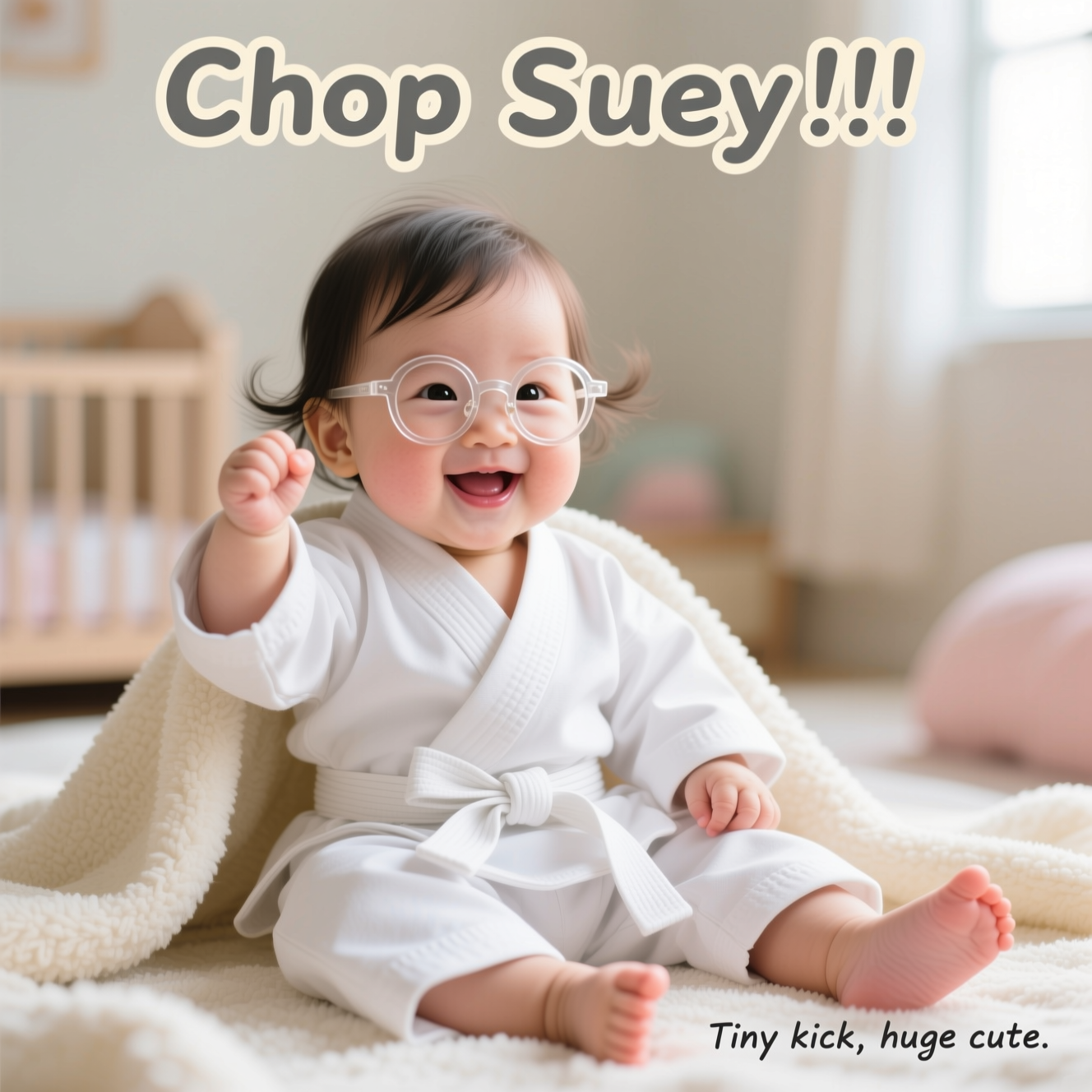 At the top of the Photorealistic picture taken from a camera image, "Chop Suey!!!!"

Ultra-high-definition 4K UHD photograph in a bright, airy, true-to-life style. A cute Chinese baby girl (around 4–6 months old) sits propped on a plush cream blanket, wearing oversized round clear glasses and a tiny, crisp white karate gi with a small white belt tied in a neat bow. She has chubby cheeks, soft baby hair, a wide gummy grin, one tiny fist raised playfully and one foot peeking from the gi as if mid-kick, capturing a funny, heart-melting moment.

Setting and background: softly blurred, cozy nursery tones in warm neutrals; clean, uncluttered background with gentle bokeh; no overt cultural motifs; a few soft pastel accents to keep the scene light and cute.

Lighting: natural soft window light with accurate lighting and lifelike textures; subtle wrap-around highlights; delicate skin detail and baby hair fuzz visible; soft-edged shadows; rich, creamy depth-of-field.

Camera and composition: portrait orientation, 85mm prime lens, f/1.8, ISO 200, 1/250s; shot at the baby’s eye level; shallow depth-of-field with the eyes and glasses tack-sharp; fabric weave of the gi clearly detailed; generous negative space above for the headline; rule-of-thirds framing; gentle vignette for focus.

Color and tone: warm, bright, true-to-life skin tones; clean whites on the gi; soft pastel pops; natural, cheerful grade.

Text styling: headline “Chop Suey!!!!” in large, rounded, playful sans-serif lettering, soft charcoal with a light cream outline for readability against the bright background.

Small extra caption (tasteful, optional): bottom-right in a tiny, handwritten-style line — “Tiny kick, huge cute.”
Generated with these themes: Cute chinese girl wearing glasses and a karate suit , and .
Made with ❤️ by AI.