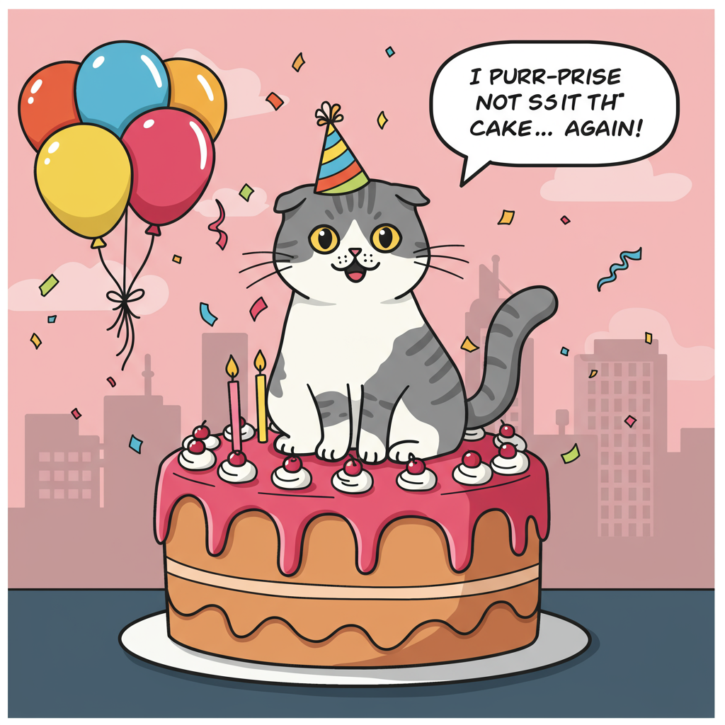 At the bottom of the Vector Style image, include the text: **З днем народження!!**
**Image Prompt:**
A cartoonish Scottish Fold cat with its signature folded ears, sitting atop a giant, colorful birthday cake. The cat has a mischievous grin, and is playfully wearing a tiny party hat perched at a jaunty angle. Around the cat, vibrant balloons of different colors float, and confetti is whimsically scattered in the air. The cake is adorned with playful, exaggerated decorations like oversized candles and a smattering of cherries.
In the background, a minimalist skyline of abstracted buildings provides a subtle urban touch, hinting at the playful chaos this cat might cause in the city.
A cheeky speech bubble emerges from the cat, saying: "I purr-mise to not sit on the cake... again!"
The overall color palette is bright and cheerful, filled with bold primary colors and a sense of celebration, perfectly capturing the joyous essence of a birthday.
Generated with these themes: My cat, he is a Scottish fold, and .
Made with ❤️ by AI.