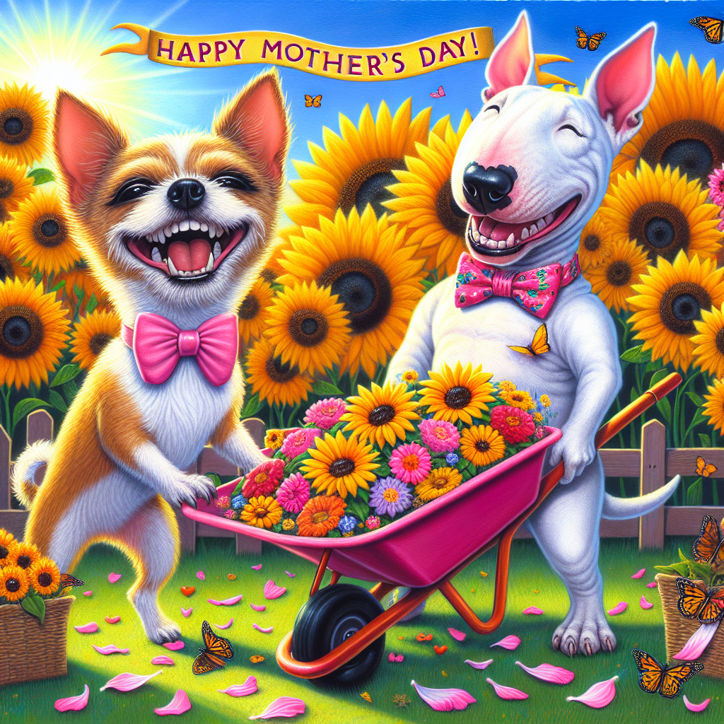A vividly colored, cartoonish depiction of a bright, sunlit meadow during a Mother's Day celebration. Two main characters engage in a jovial activity: a lovable Chihuahua with an exaggeratedly large, pink bow tie, along with an ecstatic, white Bull Terrier that carries a cheeky grin on its face. Both dogs are anthropomorphized, standing upright on their hind limbs. Their task involves positioning a wheelbarrow brimming with brilliant, sunshine-hued sunflowers, petals littering their surroundings. The secondary components include butterflies, joyously flapping their wings in the background, and a banner inscribed with the phrase 'Happy Mother's Day!', intensifying the holiday spirit.
Generated with these themes: Chihuahua , White bull terrier , and Sunflowers.
Made with ❤️ by AI.