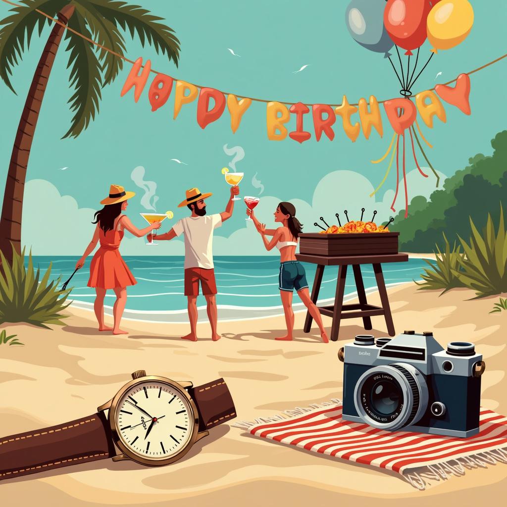 A seaside birthday illustration shows a sandy beach with gentle waves lapping at the shore. In the foreground, a watch with a nautical strap design rests half-buried in the sand, its hands pointing to just past midnight. To its right, a vintage camera with a leather strap lies atop a stripped beach towel, angled towards a group of friends gathered around. There's a rustic BBQ set up with skewers of seafood and vegetables cooking over the glowing coals. Each friend is holding a unique glass of alcohol, from hand-crafted margaritas to a bottle of craft beer, all clinking in a birthday toast. Balloons and streamers in soft pastel colors are tied to the BBQ stand and flutter gently in the sea breeze.
Generated with these themes: Coastal, Watch, Camera, Alcohol, and BBQ.
Made with ❤️ by AI.