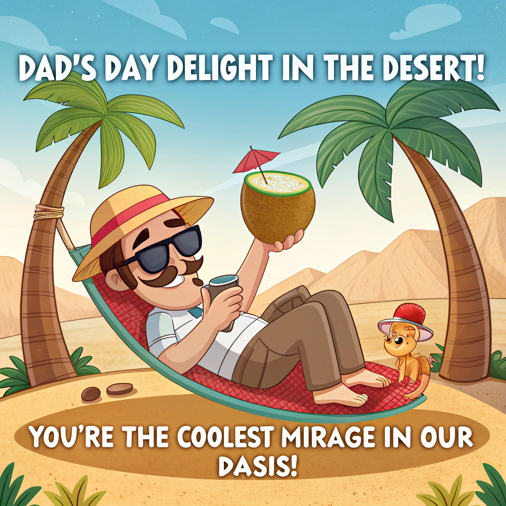 At the top of the image, "Dad's Day Delight in the Desert!"

At the bottom of the image, "You're the Coolest Mirage in Our Oasis!" 

- In the center of the image, illustrate a playful cartoon scene with a father lounging on a hammock between two palm trees in a vibrant desert oasis. He's wearing oversized sunglasses and sipping from a comically large coconut, with a tiny cartoon camel offering him a sunhat.
Generated with these themes: Oasis cartoon, and .
Made with ❤️ by AI.
