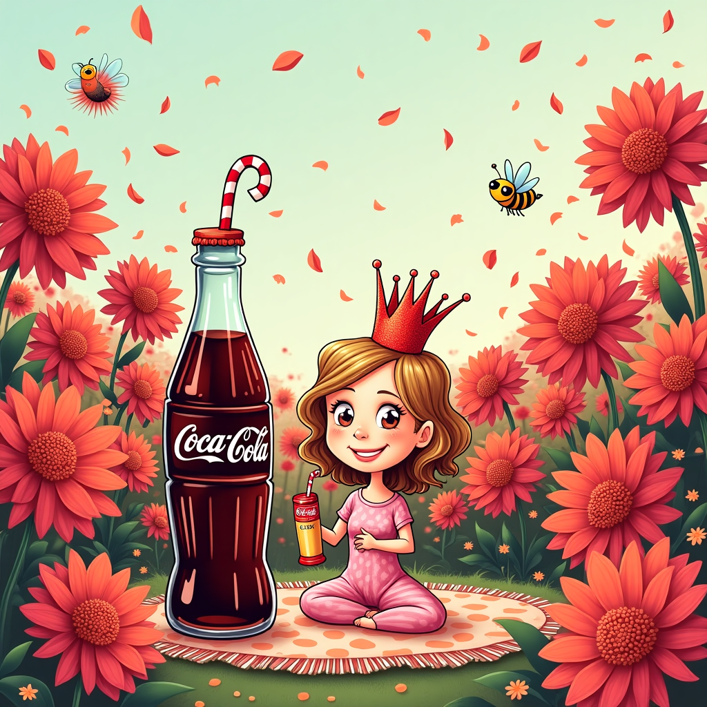 At the top of the illustration image, "Happy Birthday Jill — You’re the Real Dahlia of the Ball (Now Coke and Party On!)"

An image prompt for an illustrated, funny birthday card image:

A whimsical, illustrated picnic scene set in a magical garden made entirely of giant blooming dahlias in every shade of red and pink. Sitting proudly among the towering flowers is a beaming Jill-character caricature wearing a crown made from Coke bottle caps and sipping from a curly straw poked into a vintage glass Coca-Cola bottle the size of a fire hydrant. A squad of cheerful dahlias with smiley faces are gathered around her, raising their own tiny Coke bottles in celebration. Confetti made of Coke labels and flower petals floats through the air. A cheeky bee wearing sunglasses buzzes by, holding a tiny "Party On" sign. The mood is joyful, fun, and cheekily celebratory.
Generated with these themes: Coca cola, and Dahlias.
Made with ❤️ by AI.