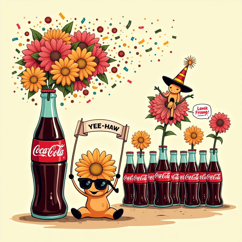At the top of the illustration image, "Have a Coke and a Dahlia, Jill—it’s Your Birthday!"

**Prompt for Illustration Image:**

A humorous and vibrant birthday-themed illustration featuring a vintage-style Coca Cola bottle with a curly straw coming out of it, but instead of soda fizz, colourful dahlias are bursting from the top in an explosion of petals and bubbles. Sitting next to the bottle is a cheeky dahlia flower with sunglasses on, holding a mini birthday banner in its petals. In the background, more Coca Cola bottles are lined up like party guests, each topped with a birthday hat made from dahlia blooms. Confetti floats in the air and one dahlia is riding a straw like a cowboy, yelling "YEE-HAW!" The entire scene is cartoonish, cheerful, and cheeky, blending retro Coca Cola vibes with oversized floral fun.
Generated with these themes: Coca cola, and Dahlias.
Made with ❤️ by AI.