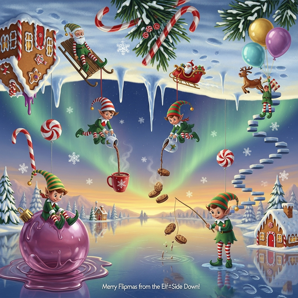 Prompt:
- Dreamlike surrealism, Dali-inspired, funny mood: a gravity-inverted winter wonderland where the snowy “ground” hangs above like a ceiling and the sky below is a mirror-smooth frozen lake reflecting a faint right-side-up world.
- Mischievous Christmas elves in green-and-red with striped stockings and elongated, floppy hats that droop upward; playful expressions. One elf rides a sled along the ceiling snow, another pours hot cocoa that streams upward into a hovering mug, a third dangles from an upward-dripping icicle while fishing for floating cookies.
- Melting shapes everywhere: candy canes sag like liquid clocks over upside-down pine boughs; giant baubles ooze into glossy midair puddles; gingerbread cottages peel and curl like soft taffy. Snowflakes inflate like balloons tethered to elves with shimmering tinsel.
- Impossible geometry: looping, Escher-like steps curling into the sky; Santa’s sleigh drifts like a boat along the overhead snowbank; reindeer-shaped balloons bob above. Footprints on the “sky” below.
- Ethereal lighting and color: pearly twilight, aurora ribbons, soft moon glow; palette of peppermint red, wintergreen, icy teal, pale gold, and plum-lavender; gentle volumetric haze, sparkling snow bokeh.
- Painterly, richly textured oil-and-gouache feel, high detail, whimsical micro-gags, cinematic depth, portrait orientation (tall), wide-angle view, big immersive composition.
- Small, hand-lettered caption integrated at the bottom center, candy-cane striped letters with a soft glow, subtle and not overpowering:
  “Merry Flipmas from the Elf‑Side Down!”
- No extra text, no logos, no watermarks.
Generated with these themes: Elves in the upside down , and .
Made with ❤️ by AI.