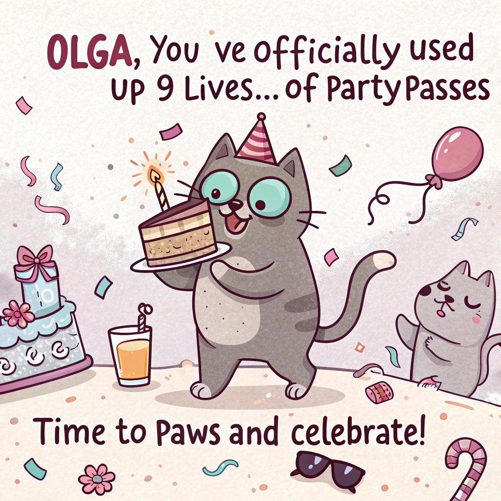 At the top of the image, "Olga, you’ve officially used up 9 lives... of party passes – time to paws and celebrate!"

- In the center of the image, illustrate a chubby cartoon kitten wearing a party hat far too big for its head, holding a slice of birthday cake with its tail.  
- The kitten is surrounded by knocked-over confetti cannons, a spilled glass of milk, and three mouse guests looking both terrified and impressed.  
- One mouse is wearing tiny sunglasses and carrying a balloon shaped like a sardine.  
- The background should be festive chaos—streamers, scratched-up furniture, and a “Happy Purr-thday” banner hanging slightly askew.  
- Add balloons shaped like fish and balls of yarn.
Generated with these themes: kitten .
Made with ❤️ by AI.