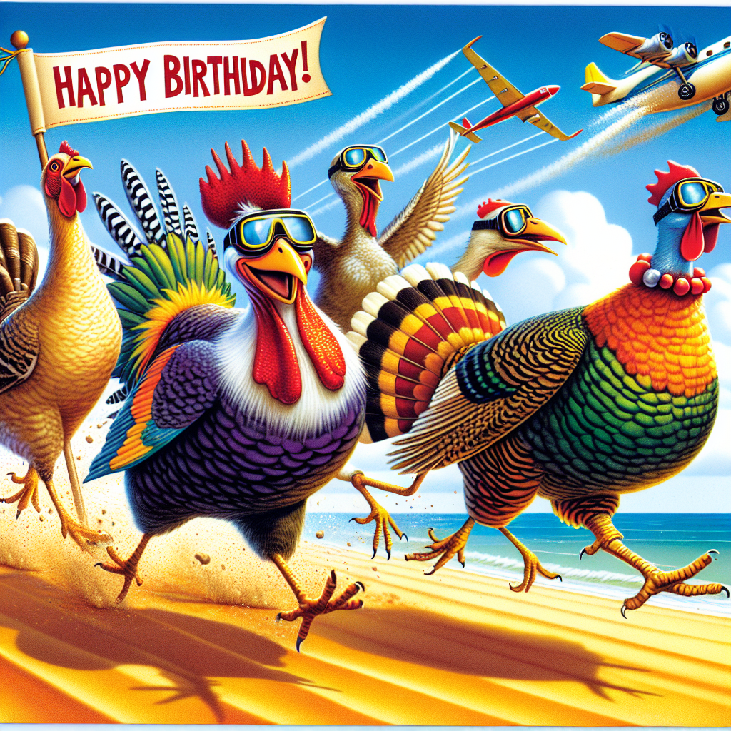 A vivid birthday card decorated with a humor-filled scene showcasing a group of eccentric birds - a confident Cock, a jovial Turkey, a playful Goose, and an animated Hen. Each bird is portrayed wearing racing goggles, engaged in a wild sprint across a warm, sandy beach. Floating up in the cloudless sky, an airplane leaves a trail, upon which a banner saying 'Happy Birthday!' is attached, contributing to the celebratory ambiance.
Generated with these themes: Cock, Turkey, Goose, Hen, Racing, Beach, and Aeroplane.
Made with ❤️ by AI.