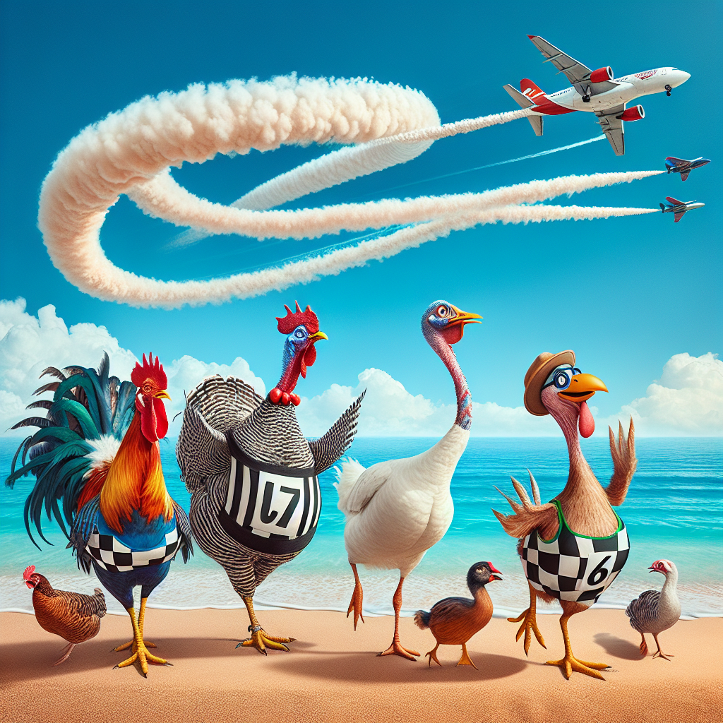 Cock, Turkey, Goose, Hen, Racing, Beach, and Aeroplane Birthday Card