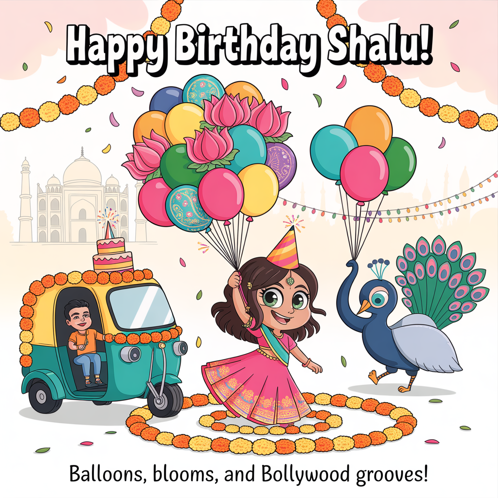 At the top of the Cartoon Style image, "HAPPY BIRTHDAY SHALU!"

At the bottom of the image, "Balloons, blooms, and Bollywood grooves!"

Center scene: A cute, chibi-style Indian birthday parade. Shalu twirls in a bright lehenga with a party hat, clutching an oversized bouquet of lotus- and paisley-patterned balloons. Marigold garlands arch overhead; a circular flower-petal rangoli swirls underfoot. A tiny teal auto-rickshaw draped in marigolds zips by with a tiered cake and sparklers. A baby elephant with big, sparkly eyes lifts extra balloons with its trunk while a peacock fans a tail that mixes feathers with balloon shapes. In the distance, a soft, simplified Taj Mahal silhouette and festive string lights; petals and confetti drift through the air.

Style and mood: playful cartoon; thick black outlines; exaggerated proportions; bright saturated colors (hot pink, saffron, turquoise, royal blue, lime); whimsical, energetic poses; cute sparkle highlights.

Composition: portrait; headline in big bubbly letters with bold white stroke and drop shadow; punchline on a curved ribbon banner at the bottom; keep clean space around both lines for readability.

Lighting: sunny, celebratory glow; soft shading; glossy highlights on balloons and flowers.
Generated with these themes: Flowers, baloons, india, and .
Made with ❤️ by AI.
