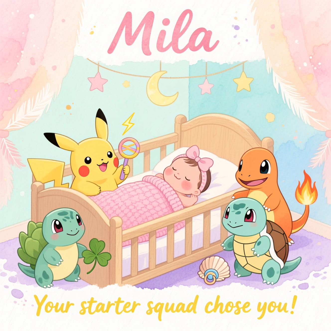 At the top of the Watercolor Style image, "Mila"

At the bottom of the Watercolor Style image, "Your starter squad chose you!"

- Soft, airy watercolor nursery scene with delicate gradients, subtle pigment blooms, and natural cold-press paper texture. Palette of blush pink, butter yellow, mint, sky blue, and lavender.
- Center: a cozy wooden cradle with a newborn baby girl peacefully lying on a blush-pink knit blanket, tiny bow headband, rosy cheeks, gentle morning glow.
- Around the cradle, Pikachu, Bulbasaur, Charmander, and Squirtle lean in to peek lovingly inside—big sparkling eyes, soft smiles. Pikachu holds a tiny lightning-bolt rattle; Bulbasaur offers a little clover; Charmander’s tail flame glows softly and safely; Squirtle has a small shell-shaped pacifier.
- Background: pale wash of mint-to-peach with feathered edges, star-and-moon mobile overhead, faint watercolor splashes and paper grain visible for an organic feel.
- Keep outlines minimal and soft; use translucent layers, negative-space highlights, and gentle vignetting to leave clean space behind the top and bottom text.
- Text styling: hand-painted watercolor brush lettering—top in warm blush, bottom in playful sunny yellow—crisp, readable, and slightly whimsical.
Generated with these themes: 3 starter pokemon, pikachu,  looking in a cradle where a new born girl is laying , and .
Made with ❤️ by AI.