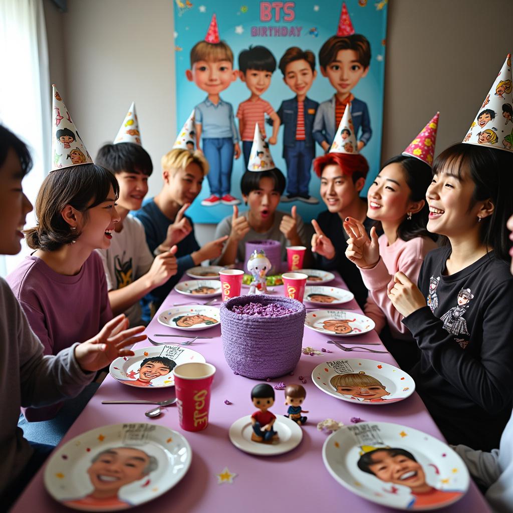 The festive table is set with plates and napkins featuring caricatures of BTS members, each member depicted with an exaggerated birthday hat and a humorous expression. A punch bowl situated to the side is surrounded by cups with the BTS logo. Party favors include small figures of the BTS members equipped with bobblehead features, wearing comical outfits that reflect their individual personalities. The party hats worn by guests replicate those from the 'Go Go' music video, complete with quirky decorations. A piñata in the shape of the iconic BTS Army Bomb light stick hangs from the ceiling, filled with purple candy. Right at the entrance, there is a realistic banner displaying the message 'Happy Birthday' in the Hangul script with tiny doodles of the BT21 characters around the edges.
Generated with these themes: BTS.
Made with ❤️ by AI.