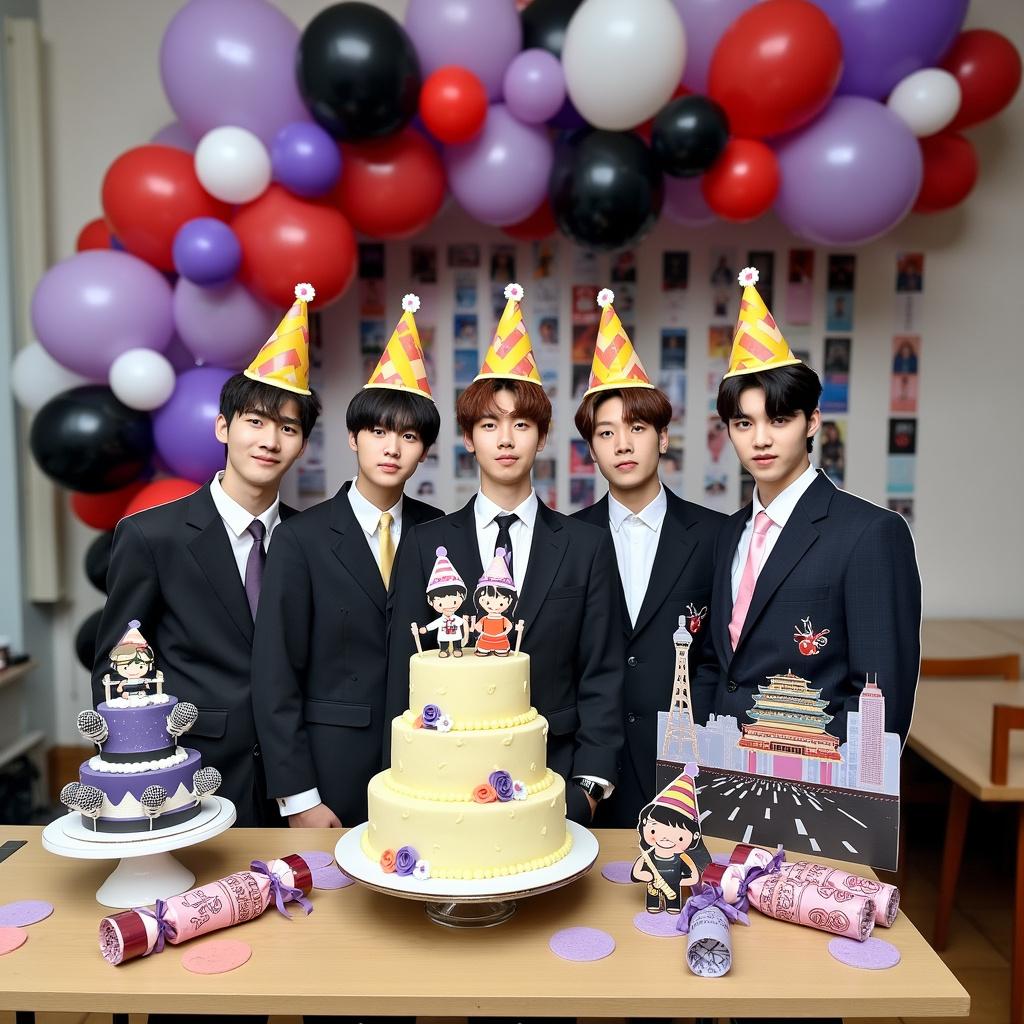 In the center of the room, a life-size cardboard cutout of the BTS members dressed in vibrant party hats stands next to a three-tiered vanilla cake adorned with playful fondant figures of the BTS members, each holding a tiny musical instrument. Balloons in the shades of the South Korean flag -- black, red, white, and blue -- float above alongside purple balloons, signifying BTS's signature color. The walls are covered in streamers with images of BTS album covers and posters. A photo booth corner features a backdrop of a cartoonish replica of Seoul's skyline with a standee of the BTS tour bus. On a nearby table, custom-made BTS crackers shaped like microphones and ARMY bombs await to be pulled, each revealing temporary tattoo prizes of BTS album symbols within.
Generated with these themes: BTS.
Made with ❤️ by AI.