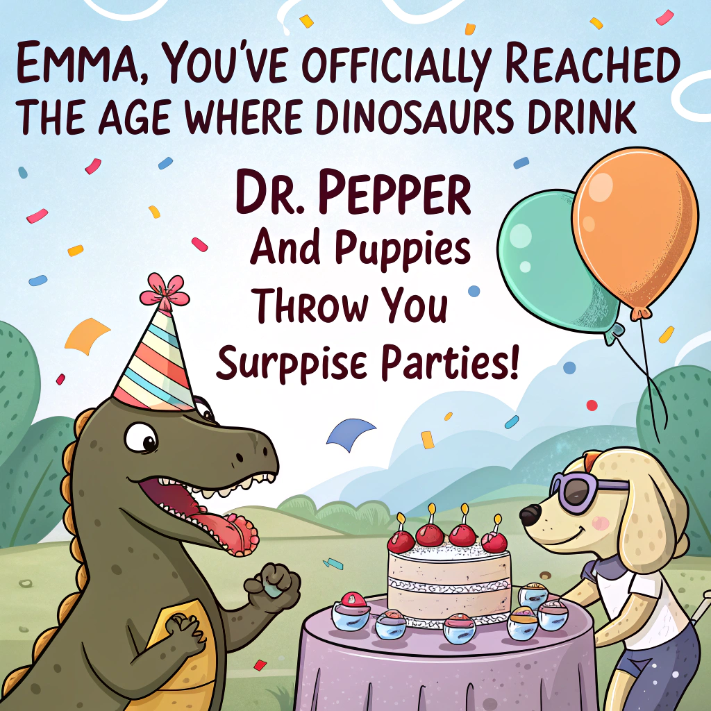 At the top of the image, "Emma, you've officially reached the age where dinosaurs drink Dr Pepper and puppies throw you surprise parties!"

- In the center of the cartoon-style image, depict a joyful, slightly clumsy T-Rex wearing a party hat, sipping Dr Pepper through an absurdly long curly straw, while sitting at a birthday table decorated with balloons and cake.  
- Around the T-Rex, an enthusiastic crowd of fluffy cartoon puppies (of various breeds) are tossing confetti, some wearing sunglasses, others blowing party horns or trying to balance on each other’s heads to stack presents.
- A banner hanging behind them reads “Jurassic Perk Birthday Bash!” in bubbly, playful letters.
- Add an open Dr Pepper can tipping over in the background, with puppies trying to lap up the soda.
Generated with these themes: Dinosaur , Dr Pepper , and Puppies.
Made with ❤️ by AI.