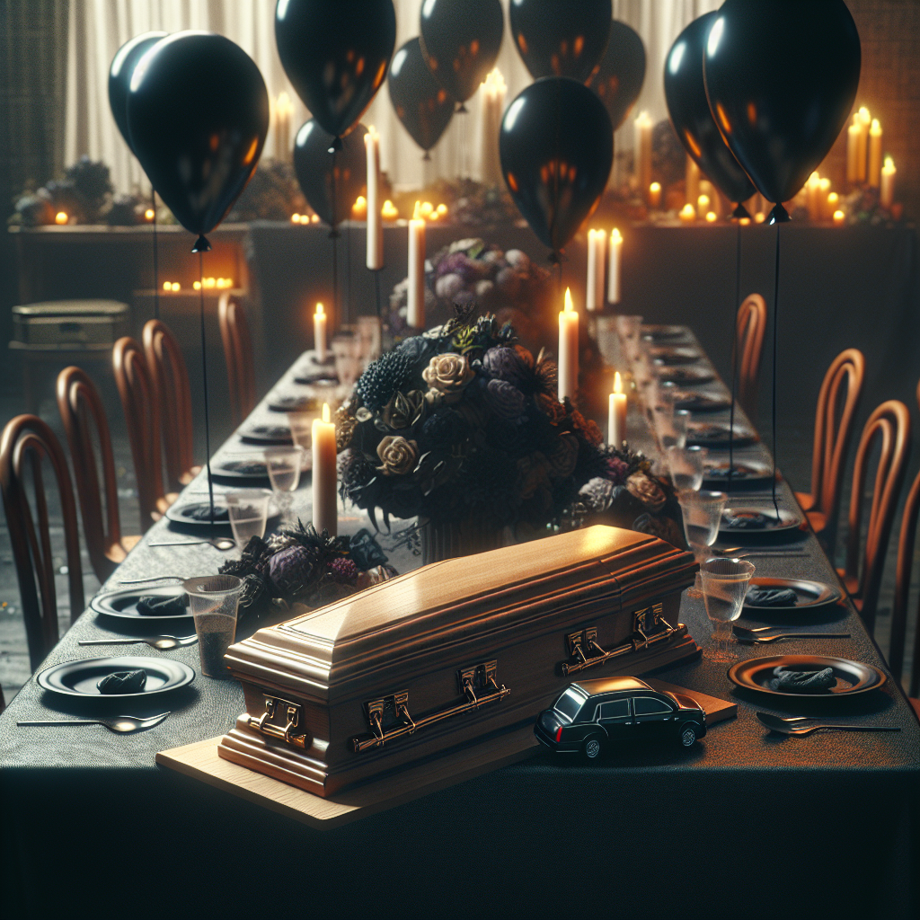 Imagine a solemn, realistic birthday party theme. The scene captures the paradox of celebrating birth amid reminders of mortality. The room is dimly lit, filled with somber black balloons and subdued arrangements of flowers that could be mistaken for funeral bouquets. On the table rests a miniature model of a hearse, not to transport the departed but to hold birthday wishes and thoughtful contemplations. In this unusual gathering, each guest is handed a tastefully adorned coffin-shaped box. Instead of your typical party favor, these boxes carry poignant mementos, a testament to the preciousness of each year we gain.
Generated with these themes: Funerals, Hearse, and Coffin.
Made with ❤️ by AI.
