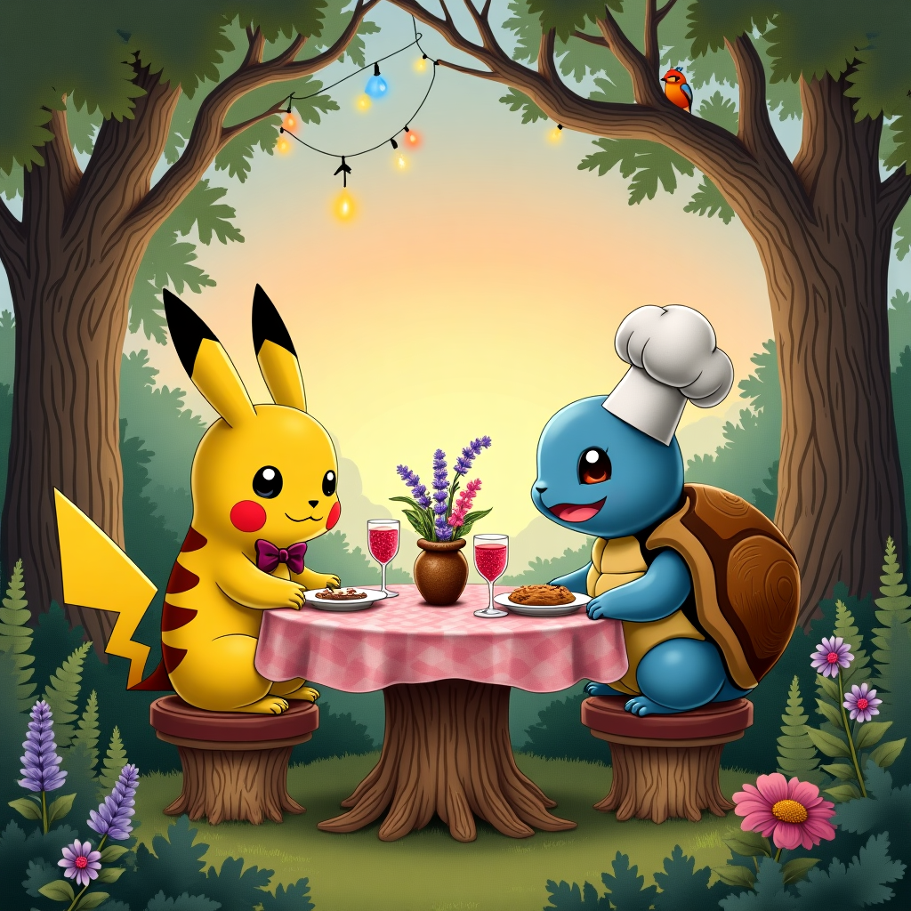 **Front Cover Description:**

*Setting:* A charming, intimate dining scene set in an enchanting woodland glade, where Pikachu and Squirtle are enjoying a whimsical Valentine's dinner. The scene should capture a blend of Rockwell’s detailed realism with a touch of Beardsley's intricate linework and a dash of Blake's playful character style.

*Foreground Elements:*
- **Pikachu and Squirtle:** 
  - *Pikachu*: Seated on a stool made of a large toadstool, with its signature yellow fur and lightning bolt-shaped tail. It's wearing a small, elegant bowtie in a rich, deep burgundy.
  - *Squirtle*: Sitting opposite Pikachu on a chair fashioned from a tree stump, sporting a miniature, comical chef's hat tilted at an angle. Its shell should be vividly detailed with rich blues and browns.
  
- **Dining Table:** 
  - A small, round table crafted from a tree slice, showing intricate natural rings.
  - The table is covered with a checkered tablecloth in soft pink and white tones.
  - Centerpiece: A rustic, small vase made from a hollow acorn, filled with wildflowers in hues of lavender and daffodil.
  - On the table, delicate porcelain plates with intricate blue floral patterns.
  - Two goblets fashioned from polished walnut shells, filled with a pink, sparkling berry juice.

*Background Elements:*
- **Woodland Glade:** 
  - Lush greenery surrounds the scene, with ferns and ivy creating a natural frame.
  - Tall trees with twisting, expressive branches reminiscent of Rackham’s work.
  - Twinkling fairy lights strung between the branches, casting a warm, golden glow over the scene.
  - Small woodland creatures peeking out curiously from the foliage - a rabbit, a squirrel, and a family of birds perched on a branch above.
  
- **Sky:** 
  - A twilight sky transitioning from soft, pastel oranges and purples to deeper indigo, dotted with twinkling stars.

*Details & Textures:*
- Incorporate Gorey's penchant for cross-hatching to add depth and texture to the characters and background elements.
- The scene should have the enchantment of Parrish’s color vibrancy, using rich and contrasting tones to make the characters pop against the natural background.
- Include subtle nods to Pokémon, like a small Poke Ball shaped candle on the table, casting a gentle flickering light.

This composition should encapsulate the whimsy and delight of a Valentine's evening shared between beloved characters in a magical setting.
Generated with these themes: Pikachu and squirtle having dinner, and .
Made with ❤️ by AI.