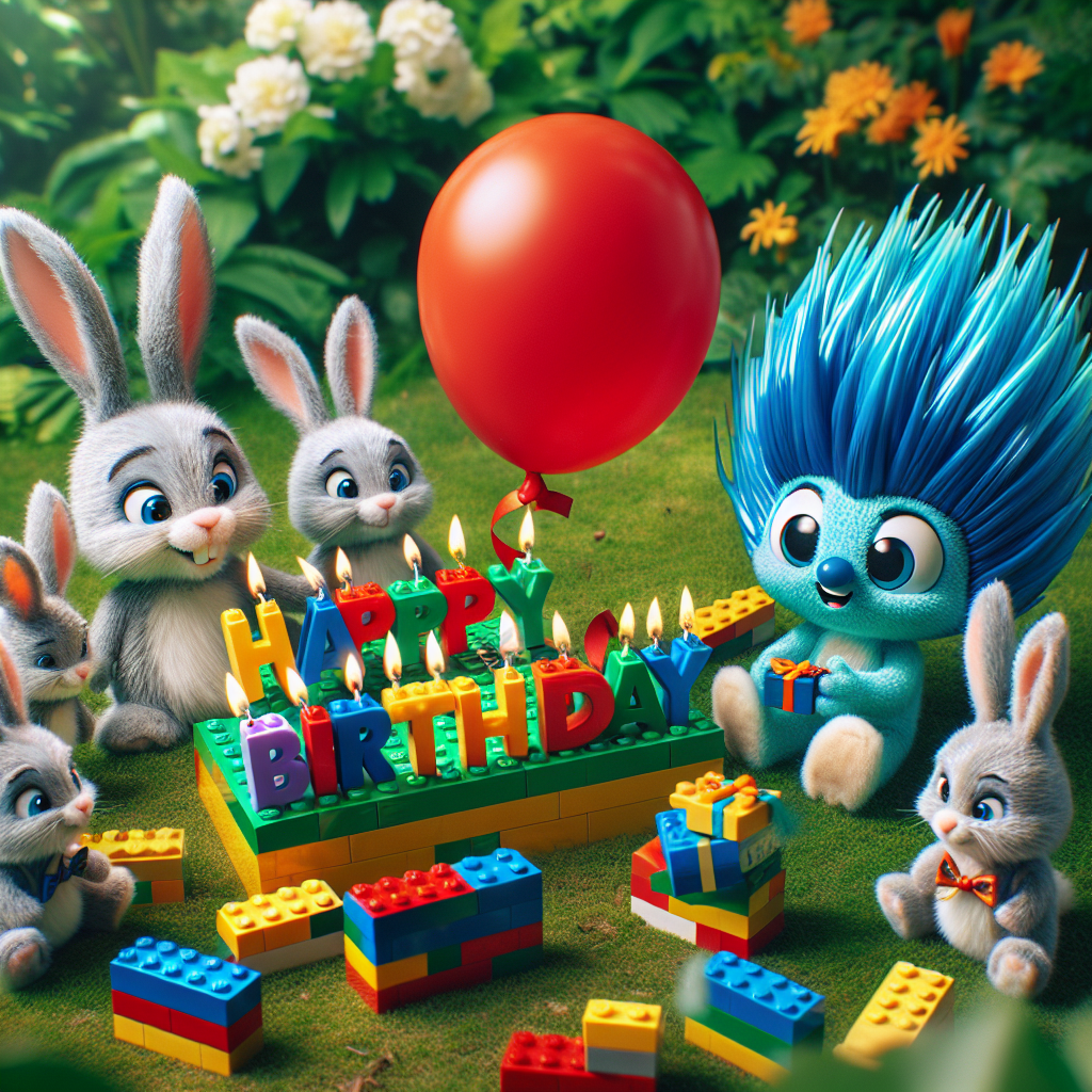 Visualise a scene in a lush green garden where adorable rabbits are congregated for a birthday festivity. In their midst, one rabbit, distinctively holding a bright red balloon, stands out. An assortment of lego bricks is craftily arranged to create the message 'Happy Birthday'. Adding an element of surprise, a blue spiky-haired cartoon character, not specific to any brand, playfully peeks out from behind a lego structure. His cerulean quills adorned with festive ribbons add to the celebratory spirit of the scene.
Generated with these themes: Cute rabbits, Lego, and Sonic the hedgehog.
Made with ❤️ by AI.
