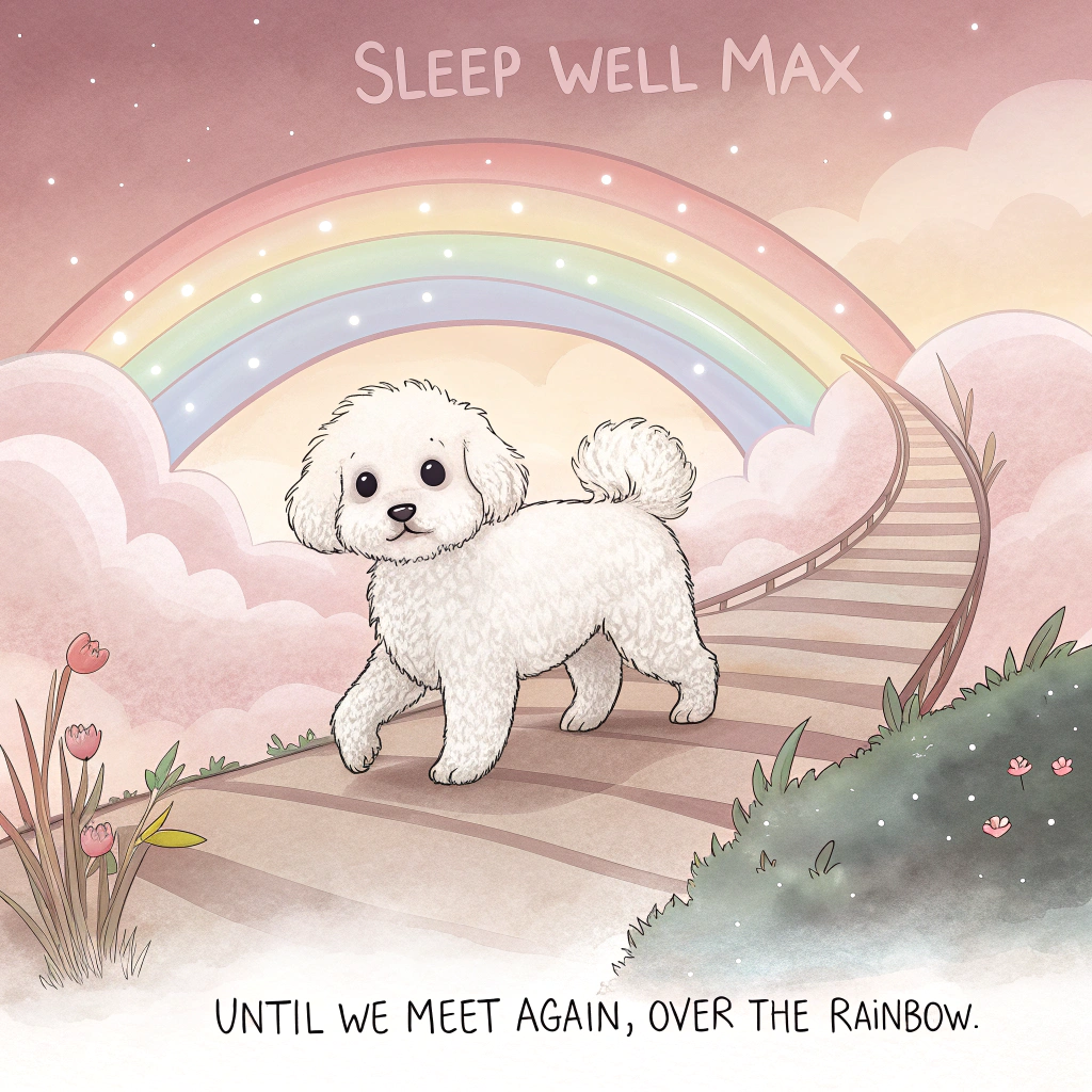 At the top of the Watercolor Style image, "Sleep Well Max "

At the bottom of the image, "Until we meet again, over the rainbow."

A sincere, airy watercolor scene: a small white bichon frise with fluffy, cloudlike curls, round black eyes, and a plumed tail gently walking along a softly arched rainbow that forms a bridge across misty, pastel clouds. The pup glances back with a calm, loving gaze; a faint trail of translucent pawprints fades into warm light ahead. Dawn-to-dusk sky in blush pinks, lavender, and periwinkle with a soft golden glow at the horizon. Use soft watercolor washes, delicate gradients, subtle pigment blooms, and visible cold-press paper texture; feathered edges and generous negative space for serenity. Keep colors muted and harmonious; no other figures—just the bichon, the rainbow bridge, and quiet sky. Hand-painted lettering: headline in deep indigo with gentle watercolor bleeds; bottom line in warm gray, small and understated.
Generated with these themes: .
Made with ❤️ by AI.