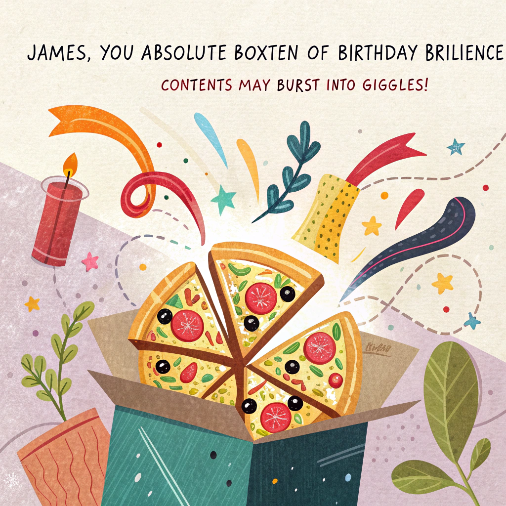 At the top of the image, "James, you absolute Boxten of birthday brilliance – handle with care, contents may burst into giggles!" 

– Design an abstract, colorful collage with vibrant gift box shapes dancing in chaotic harmony.  
Each "box" is weirdly shaped—some look like pizza slices, some like llamas doing the splits.  
Include zany visual puns like a balloon trying to escape a cardboard prison and a confused candle trying to read a map.  
Swirling neon lines and glitter-splash brushstrokes bring a celebratory but unhinged energy.  
Think joyful chaos meets wrapping-paper factory explosion.
Generated with these themes: Boxten.
Made with ❤️ by AI.