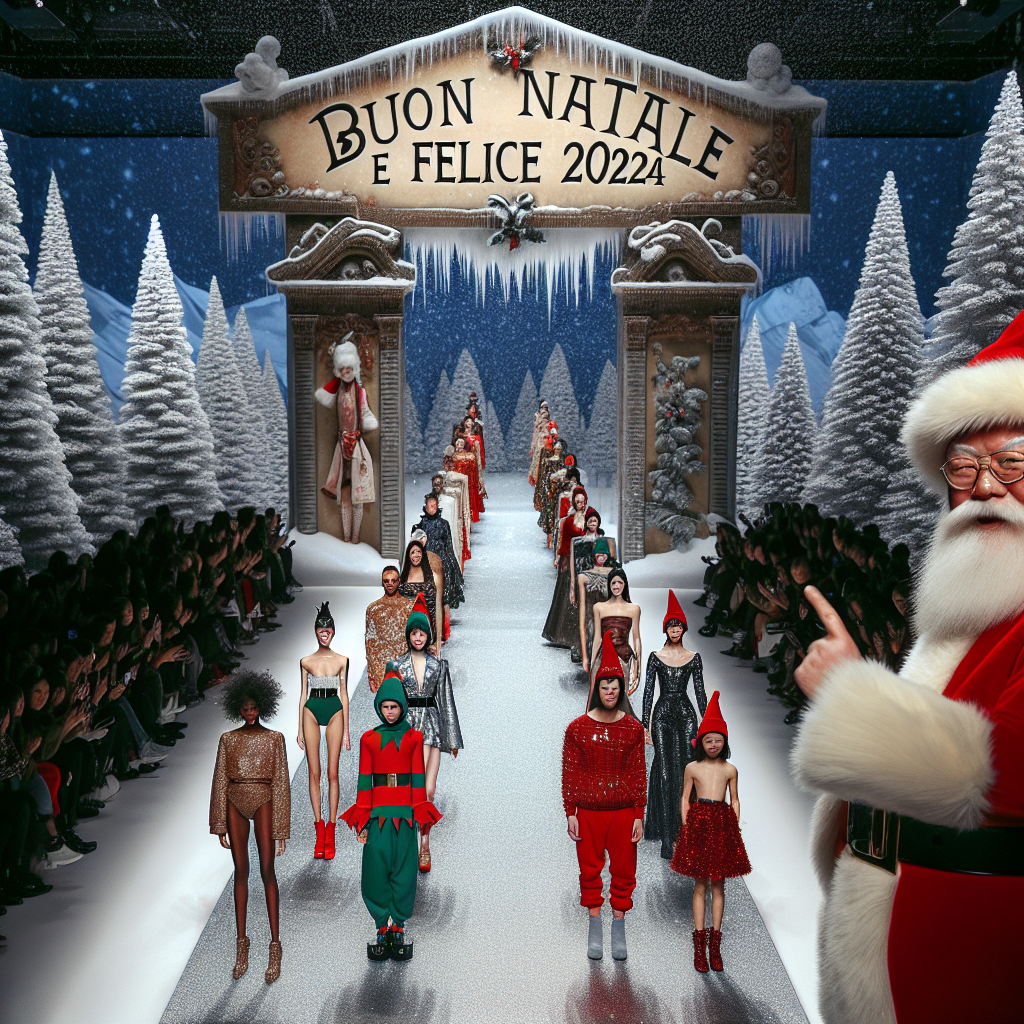 A Milano fashion runway turned into Santa's workshop, models dressed as elves strut down the catwalk showing off the latest in holiday chic while Santa critiques the designs. At the end of the runway, a large, elegant sign states 'BUON NATALE E FELICE 2024' with a backdrop of a winter wonderland.
Generated with these themes: Milano.
Made with ❤️ by AI.