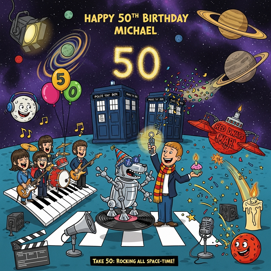 Dr who K9, Dr who, Red dwarf,Beatles,Music,space,Acting ,, and Birthday Card