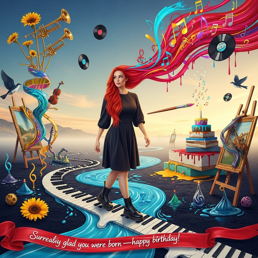 Portrait, full-bleed, dreamlike surrealism in a Dali-inspired otherworldly landscape. A long bright red–haired lady with lovely lashes and a soft, sincere smile strides in shiny black Dr. Martens boots along a winding path of melting piano keys that curve over a river of liquid paint. Her vivid scarlet hair unfurls into sweeping brushstrokes that paint the sky, transforming into neon ribbons and musical staves. Floating vinyl records orbit like moons; trumpets bloom as golden flowers; violins drift as birds; warped gallery frames and easels bend and drip like taffy. A tiered “cake” made of stacked canvases supports a single glowing paintbrush candle whose flame releases tiny luminous notes. Bold, funky, popular pop-art energy: Memphis-style patterns, graffiti textures, confetti shaped like treble clefs. Ethereal golden-hour light with soft mist, long surreal shadows, glossy painterly textures. Color palette: electric magenta, cyan, cobalt, sunflower yellow, deep midnight blues, inky noir accents. Slight low angle for an iconic, heartfelt mood; generous sky as negative space. Ultra-detailed, cinematic, high resolution. Small in-scene caption, hand-painted script on a ribbon of red paint near the bottom: “Surreal‑y glad you were born—happy birthday!”
Generated with these themes: Long bright red haired Lady with lovely lashes wearing black dr martin boots, Art, music, bold colours, funky, popular, and .
Made with ❤️ by AI.