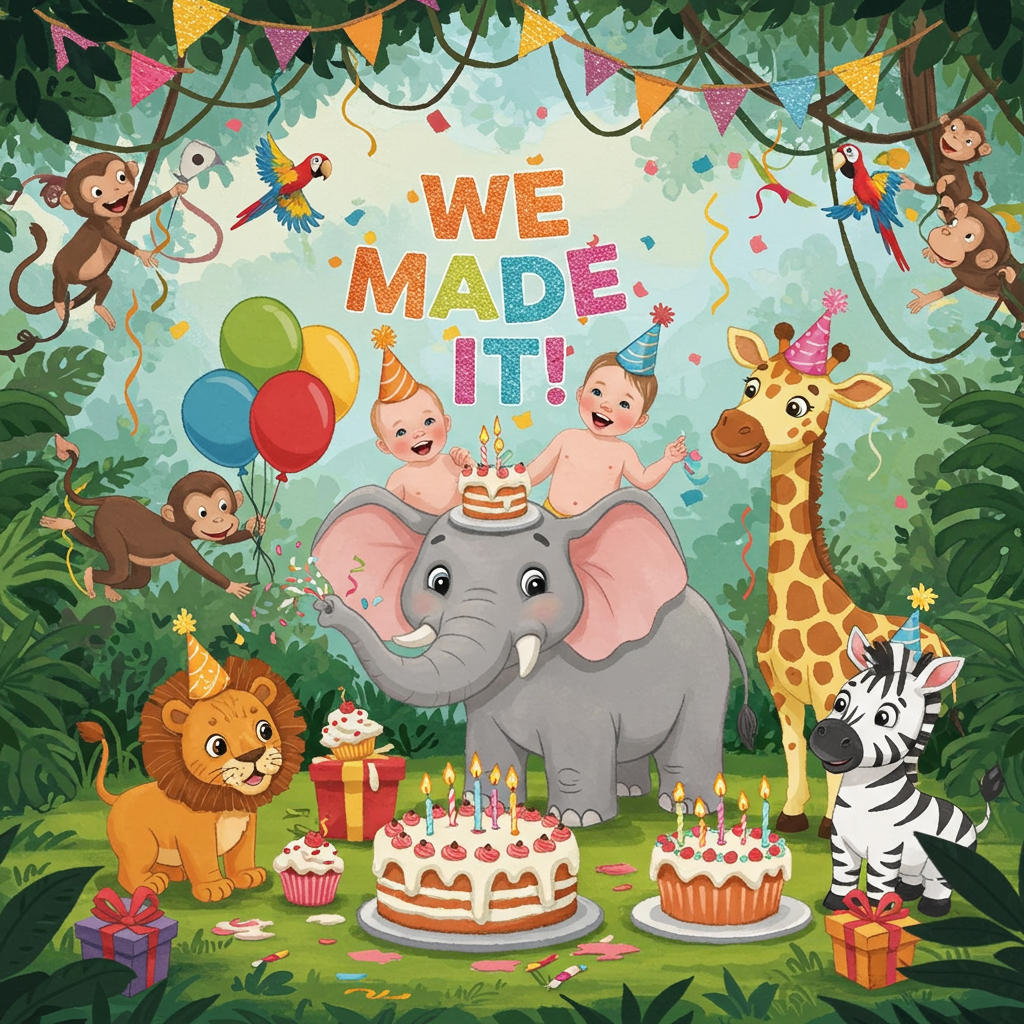 Happy Birthday , Writing We made it, Baby boy, Baby girl, 1, Safari animals wearing party hats, and Balloons and cake Birthday Card
