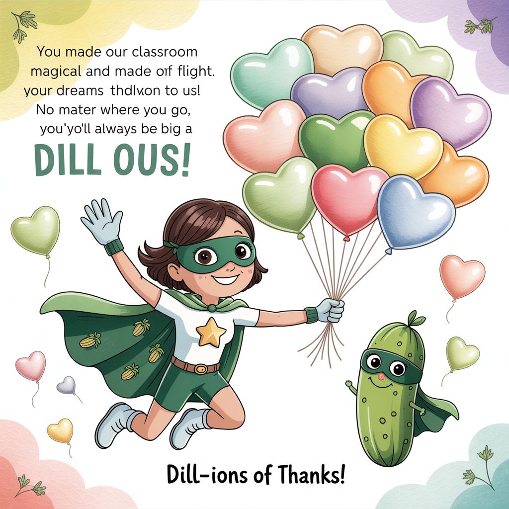 At the top of the Watercolor Style image, "You made our classroom magical and made our dreams take flight. No matter where you go, you'll always be a Big Dill to Us!"

At the bottom of the image, "Dill-ions of thanks!"

- Center scene: a cute, smiling female superhero teacher mid-air, gently lifted by exactly thirty pastel balloons. She wears a pickle-green cape sprinkled with tiny dill sprig motifs, a gold star emblem on her chest, soft boots, and a playful domino mask. One knee is bent in a light, floaty pose; she waves with her free hand.
- Balloons: exactly 30 in total, arranged as three neat bouquets of ten each; a mix of round, heart, and star shapes in mint, blush, lavender, lemon, and sky blue. Wispy white strings gather into her gloved hand; soft highlights, watery edges, and subtle pigment blooms.
- Pickle element: an adorable, big-eyed pickle sidekick on the ground, wearing a tiny matching cape and mask, grinning and pointing up. It stands by a small stack of watercolor books with an apple and pencil cup, radiating cute confidence.
- Classroom-magic ambiance: a soft mint chalkboard with faint chalk doodles (stars, paper airplanes, tiny hearts), bunting garlands, and a sprinkling of glittery watercolor stardust swirling upward into the balloon trail to echo “dreams take flight.”
- Watercolor style notes: soft washes, delicate gradients, gentle bloom textures, and visible natural cold-press paper grain. Airy negative space around the top headline, pastel palette, minimal outlines, and a warm, whimsical glow for a sweet, cute mood.
Generated with these themes: Pickle, Female Superhero, Holding 30 balloons, and .
Made with ❤️ by AI.