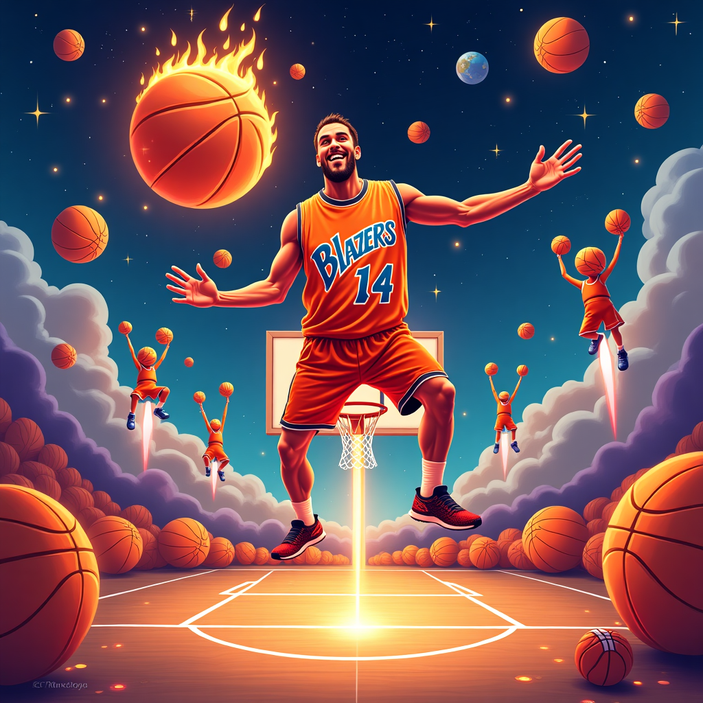 **Image Prompt (for a Surreal Vector Image – Thank-You Theme)**

**At the top of the vector image,** “Thanks for dribblin' us to greatness, Coach Adam!”

**Image Description Prompt:**  
A surreal vector illustration showing a basketball court floating in a dreamy galaxy of flaming orange basketballs as planets, with tiny rocket-powered sneakers orbiting them. At the center, a giant flaming Blazers jersey with “U14’s” emblazoned in stardust hangs from a goal post made of candy canes and whistle lanyards. Coach Adam is depicted as a wise wizard, levitating on a basketball while conjuring golden strategy diagrams into the air, which turn into soaring blazers with jetpacks. In the background, happy cartoon-style players float upside down with oversized basketball heads and glowing socks, shooting rainbow basketballs through nets suspended by flying clipboards.

The colors are bold and whimsical, with neon oranges, cosmic purples, and candy blues — a celebration of thanks that is equally energetic, bizarre, and heartfelt.
Generated with these themes: Basketball , and U14’s Blazers.
Made with ❤️ by AI.