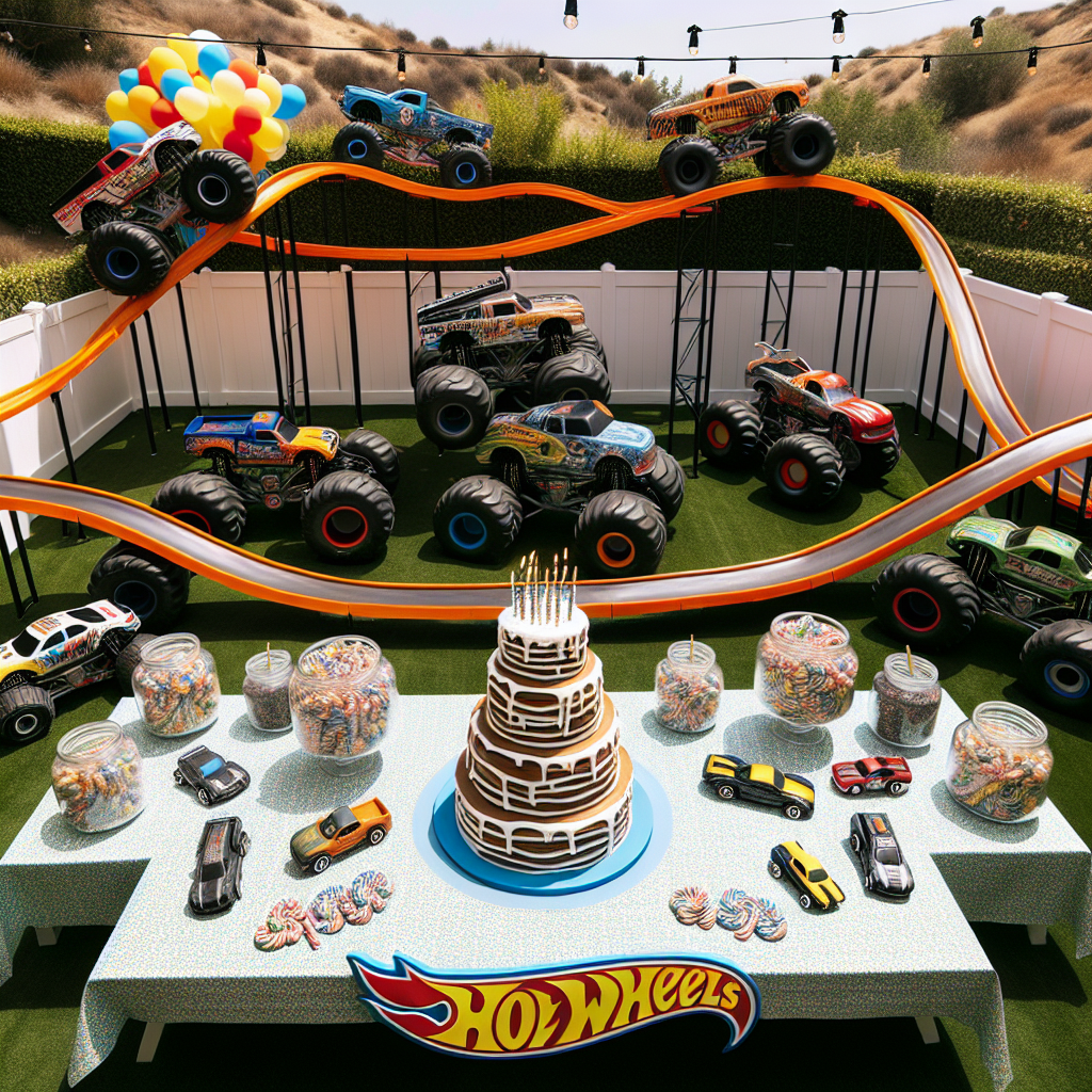 Visualize a meticulously arranged backyard for a hotwheels-themed birthday party. The dominating attraction of the yard is a multi-level hotwheels track, elaborate like a small roller coaster with thrilling drops and challenging curves. Decorating the scene are custom-painted bean-bag sized monster trucks, fixed in a thrilling pose just before annihilating a line of miniature cars beneath their huge wheels. Off to the side, a cake ingeniously mirroring a stack of pancakes, complete with fondant icing in the form of syrup and butter, is placed on a table draped with a candy-patterned tablecloth. Above, balloons formed into car shapes and 'Happy Birthday' letters are anchored by sizable diecast monster trucks. Candy jars filled with swirled and striped lollipops border the cake, contributing a whimsical contrast to the overall bold theme of the venue.
Generated with these themes: monster trucks, hotwheels, balloons, pancakes and lollies.
Made with ❤️ by AI.