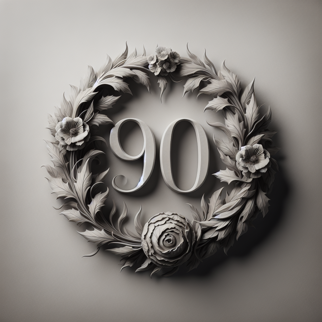 A dignified piece of artwork to commemorate a 90th birthday. The predominant color scheme used is monochrome, with a focus on soft gray tones. At the center of the composition, the number '90' is carved delicately into a lightly withered floral wreath, indicating a significant life milestone. The number itself stands out as the focal point of the design, symbolizing a rich history and reverence. Please create the image in a way that captures the essence of the momentous occasion and the respect associated with it.
Generated with these themes: 90.
Made with ❤️ by AI.