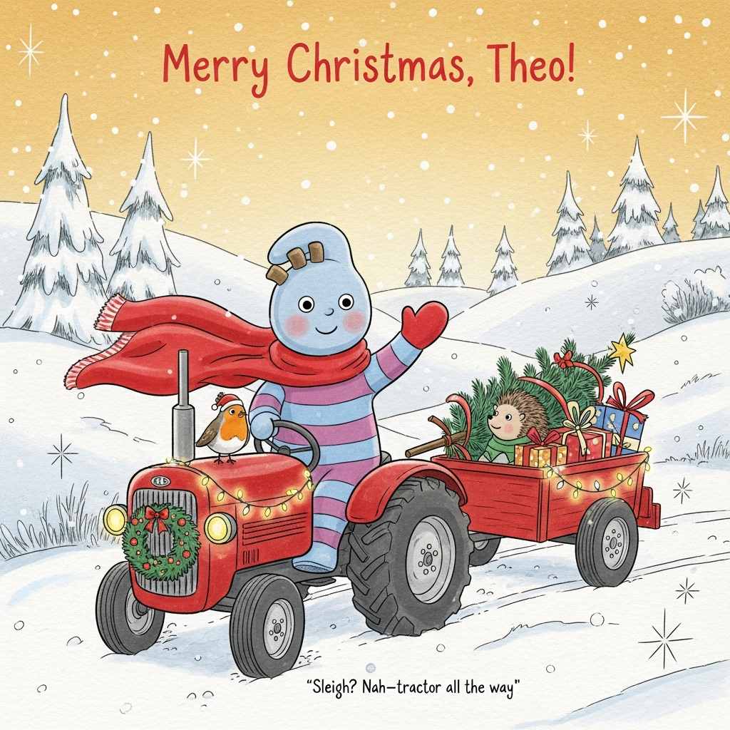 At the top of the Illustration Style image, hand-letter the caption "Merry Christmas, Theo!" in playful festive script, warm red with a soft cream outline.

Cute, hand-drawn Christmas illustration with fine linework, textured brush strokes, balanced composition, and a warm, expressive color palette (cranberry reds, pine greens, frosty blues, buttery creams, twinkling gold). Full-bleed portrait layout with generous sky at the top for the title.

Scene: Iggle Piggle, the soft blue, friendly character, cheerfully driving a small vintage red tractor through gently falling snow. His bright red blanket flows like a cozy scarf, rosy cheeks and a big smile, one mittened hand waving. The tractor is decked with a pine wreath on the grille and golden fairy lights glowing warmly. A little trailer rattles behind, piled with wrapped presents and a tiny Christmas tree tied with ribbon. A robin perches on the steering wheel; a bundled-up hedgehog peeks over the trailer’s edge. Rolling snowy hills, fir trees dusted with snow, and a golden dusk sky with twinkling stars create a magical, calm backdrop. Soft paper grain, inked outlines, watercolor/gouache washes, subtle shading, gentle vignette, and sparkling snowflakes for a cozy, cute mood.

Add a small cheeky line near the bottom in tiny hand lettering: "Sleigh? Nah—tractor all the way!"
Generated with these themes: Iggle Piggle driving a tractor, and .
Made with ❤️ by AI.