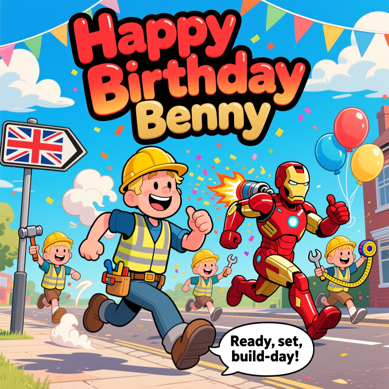 Iron man, Builder , Running, Blonde hair, 3 blonde little boys , Formby road sign, and Birthday Card