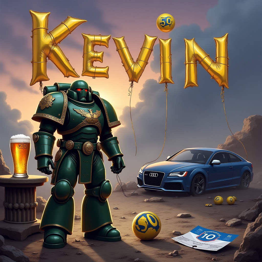 Warhammer 40k, Pint of Stella , Space marine, Dark angel chapter, 50th birthday balloon, Stone roses cd, Audi car destroyed, and Rangers fc ticket Birthday Card